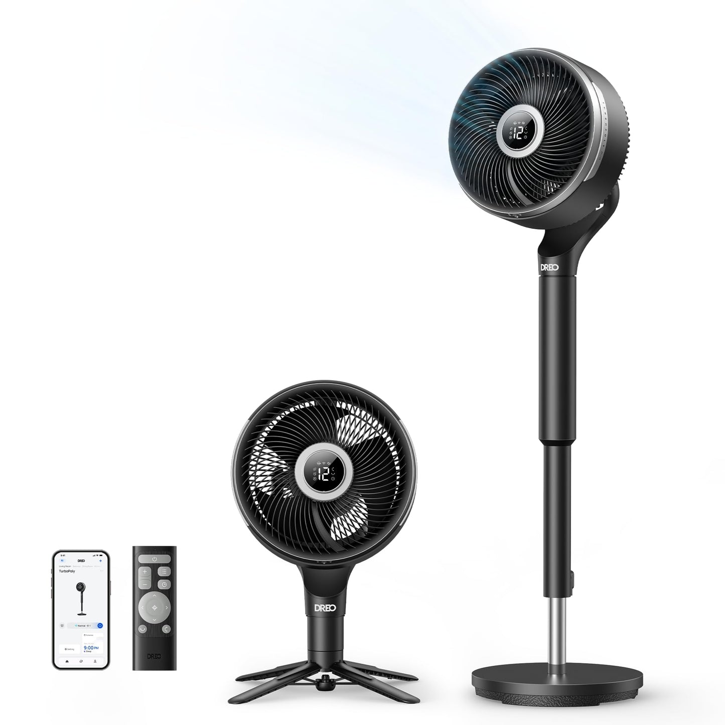 DREO Smart Fan for Bedroom, standing 150° +100° Omni-Directional Oscillating Fans, 120ft CirculAir Quiet Fan with DC Motor, 12 Speeds, 6 Modes