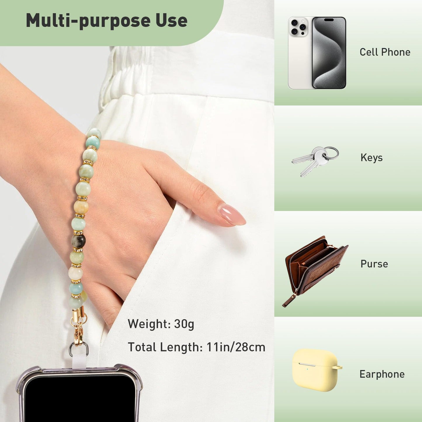 TiMOVO Marble Beaded Phone Wrist Strap, Hands-Free Healing Beaded Cell Phone Charms Strap Lanyard with Tether Tab, Elegant Healing Stone Wristlet