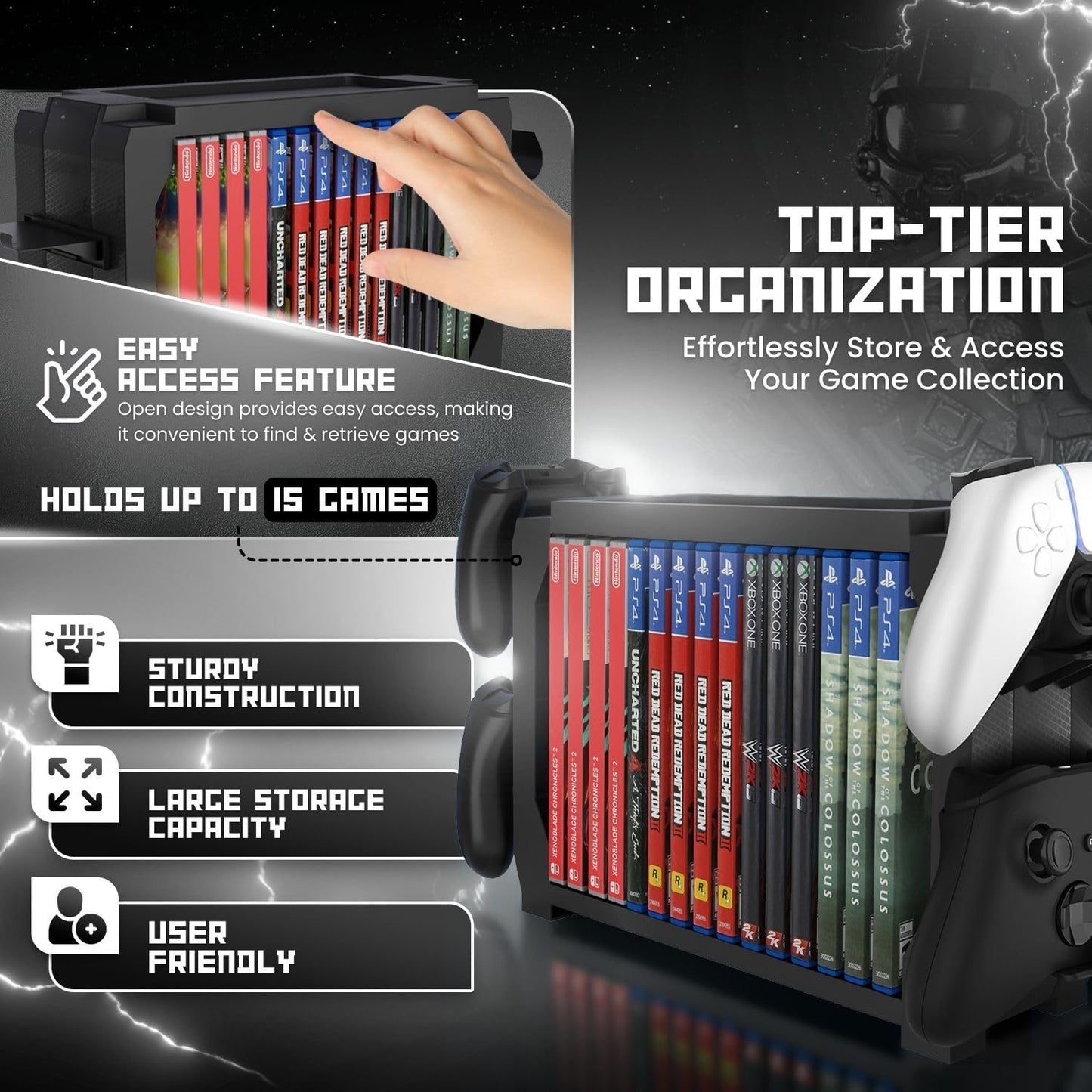 TNP Games Storage Tower (Up to 15 CD Disc) For PS5 Game Disk Rack and Controller Stand Holder For Xbox Series X/Nintendo Switch/PS4 Controller Stand