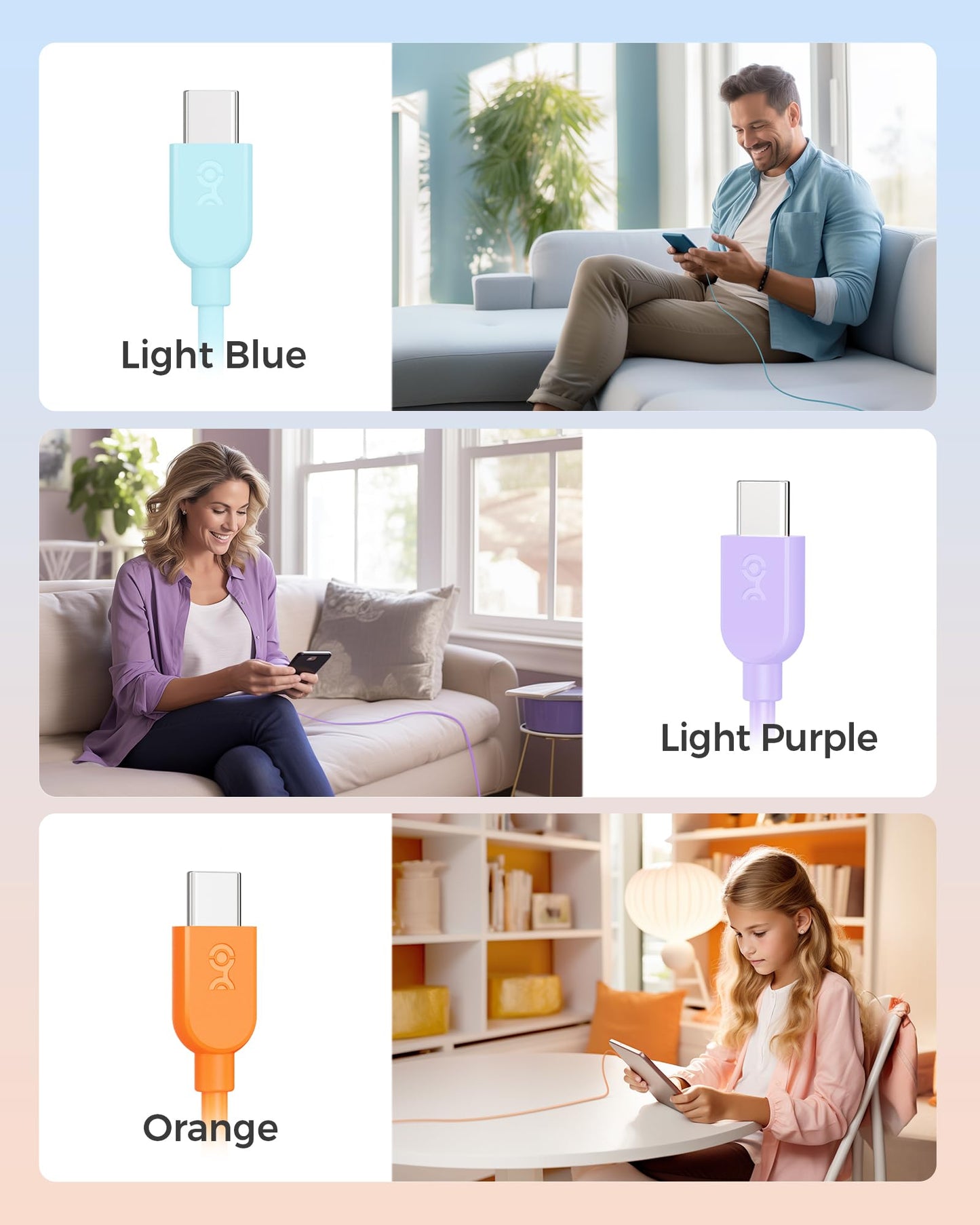 Cable Matters 3-Pack USB C Charging Cable 3ft in Orange Blue Purple, Up to [60W Charging, 480Mbps] Apple CarPlay, Android Auto, USB C Cable for iPhone