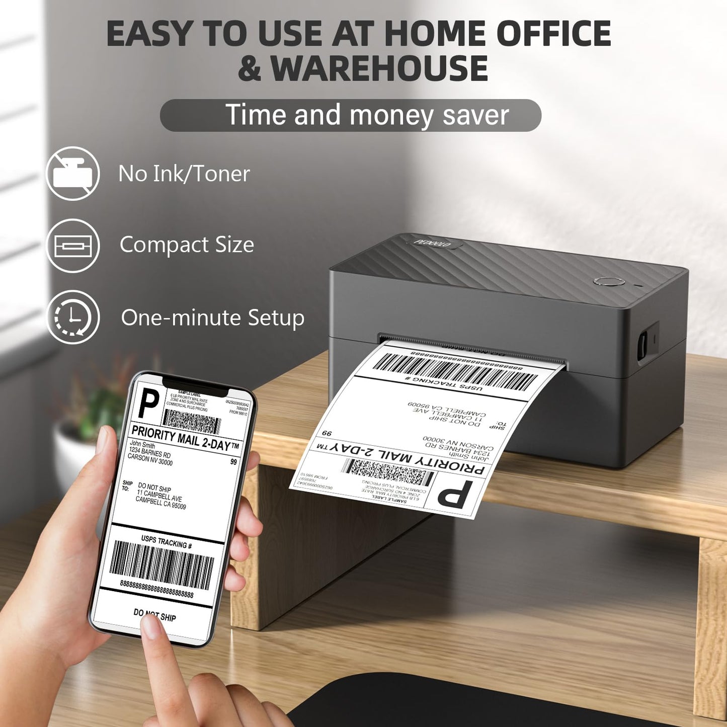 PEDOOLO Label Printer, 4x6 Shipping Label Thermal Printer for Packages, Bluetooth Conection and Compatible with Android. iPhone.Windows, Mac