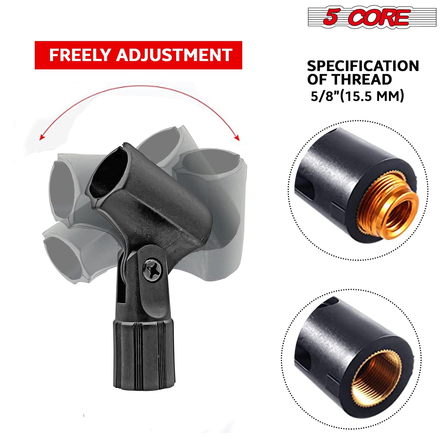 5 Core Pencil Microphone Clip Holder Black Angle Adjustable Slim Condenser Mic Adapter + Universal 5/8" Male to 3/8" Female Adapter 4Pcs - MC 08 4PCS