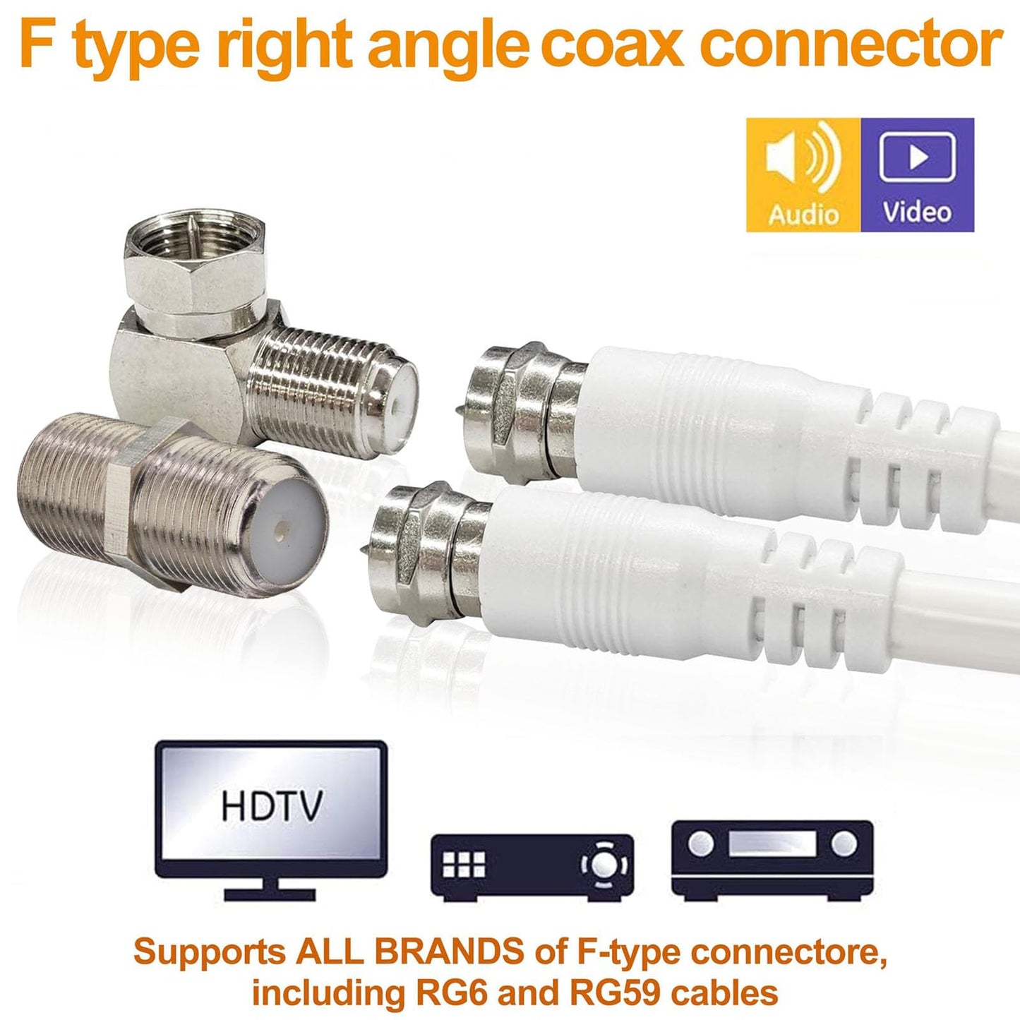 Coax 90 Degree Adapter F Type Male to Female Coaxial 90 Degree Connector Flat Wall L Shape 2pcs + 2pcs Coaxial Cable Connector RG6 F Type Female