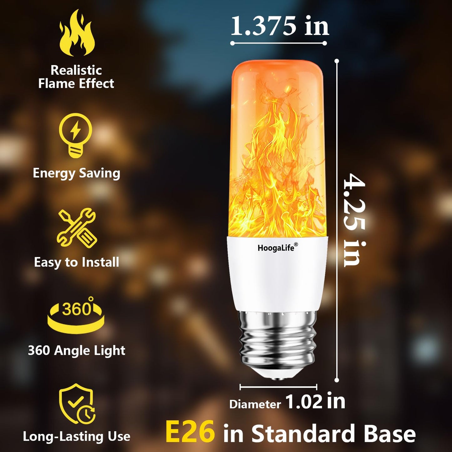 HoogaLife Flame Light Bulbs, E26 Led Light Bulb with Effect of Real Candle Fire Light, 4w Flame Bulb with Upside Down Effect, for Christmas Halloween
