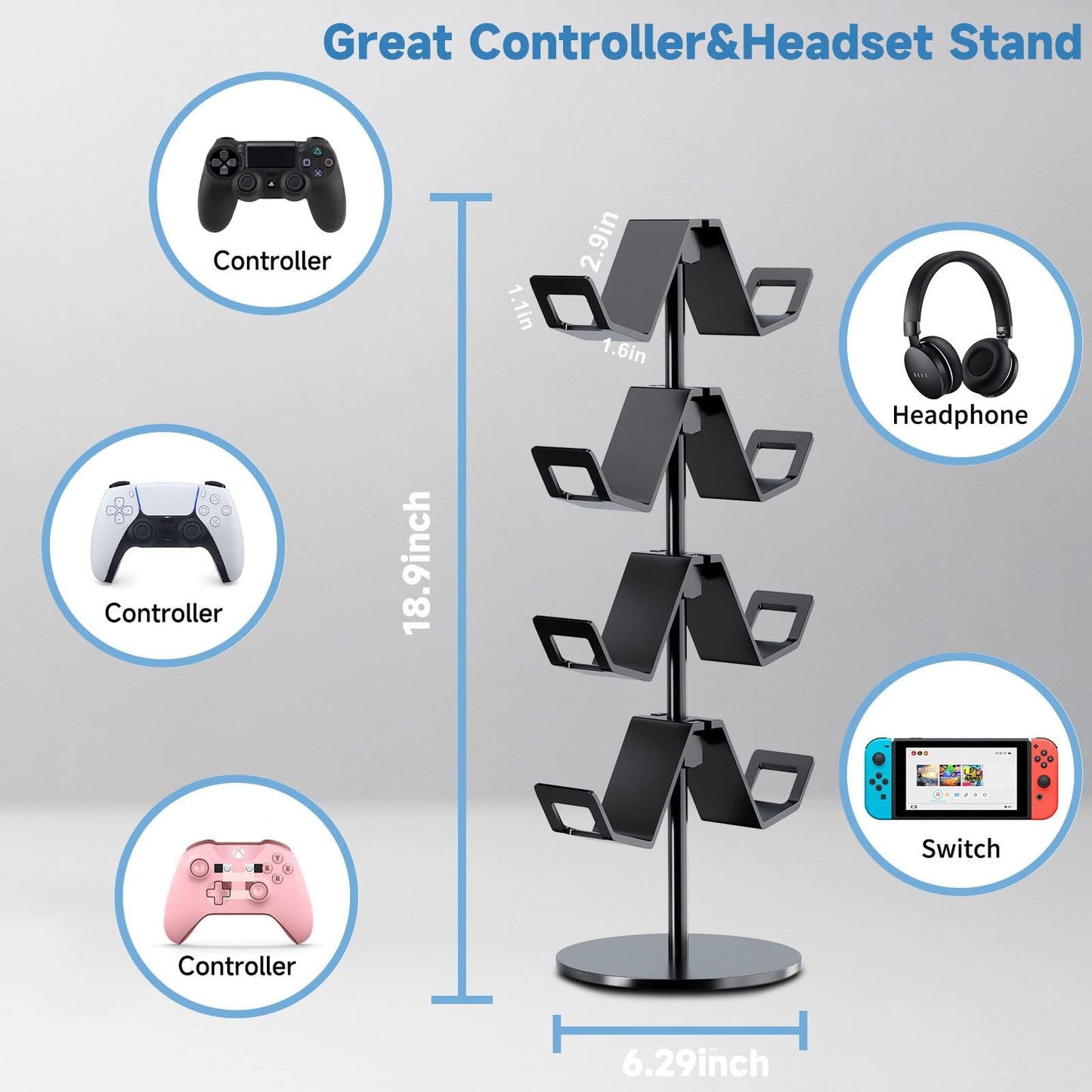 Karanava Controller Holder 4 Tier,Headphone Stand - Adjustable Headset Holder for Xbox PS5 PS4 Switch Pro - Gaming Accessories Storage
