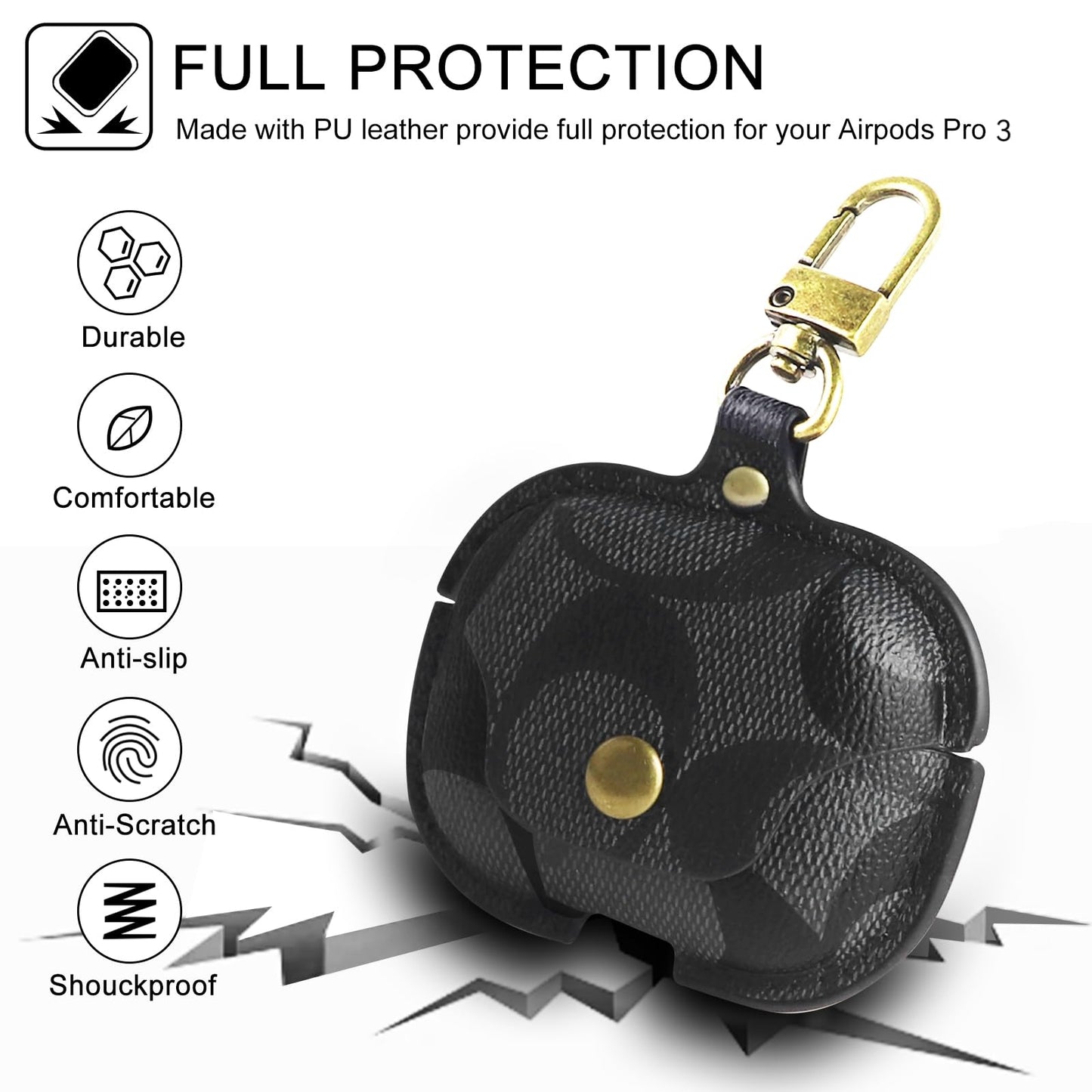 Leather Case for AirPods Pro 3, Shockproof Cover with Keychain, Black