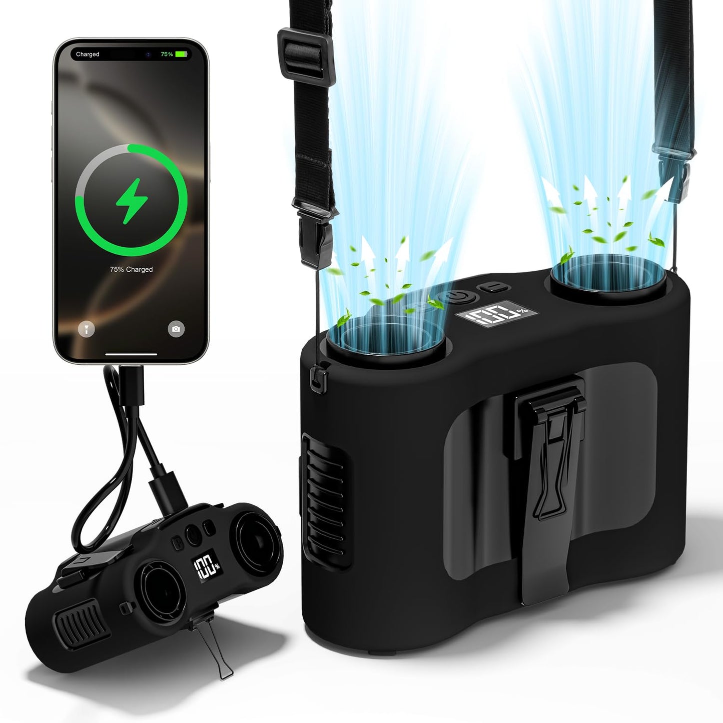 Portable Waist Fan, Dual-Sided Clip on Belt Waist Fan, 5 Speeds 16000RPM, MAX 40H Work Time, 20000mAh Rechargeable Wearable Personal Hands-Free Neck