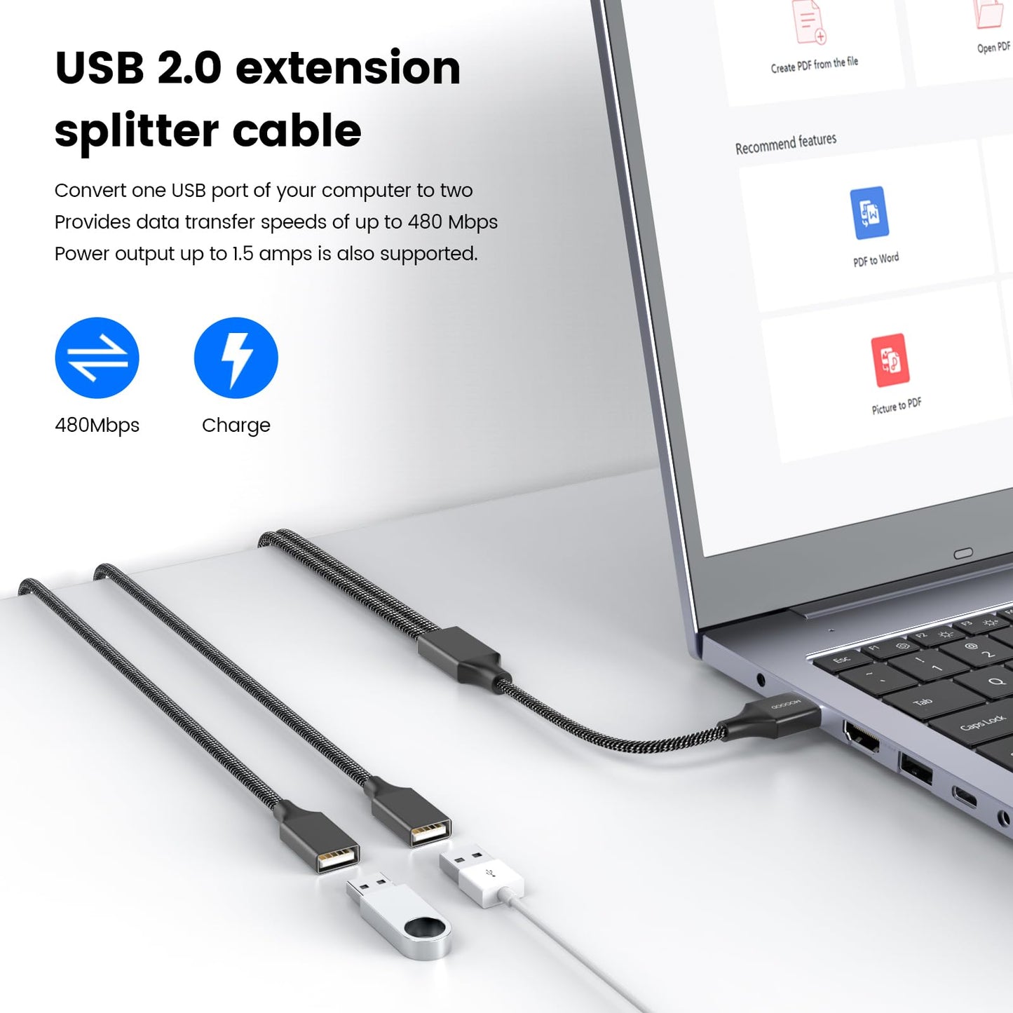 Durable USB A Male to 2 Female Extension Cord - Nylon Braided, Fast Data Transfer, Compatible with Printer, Keyboard, Flash Drive, Hard Drive…