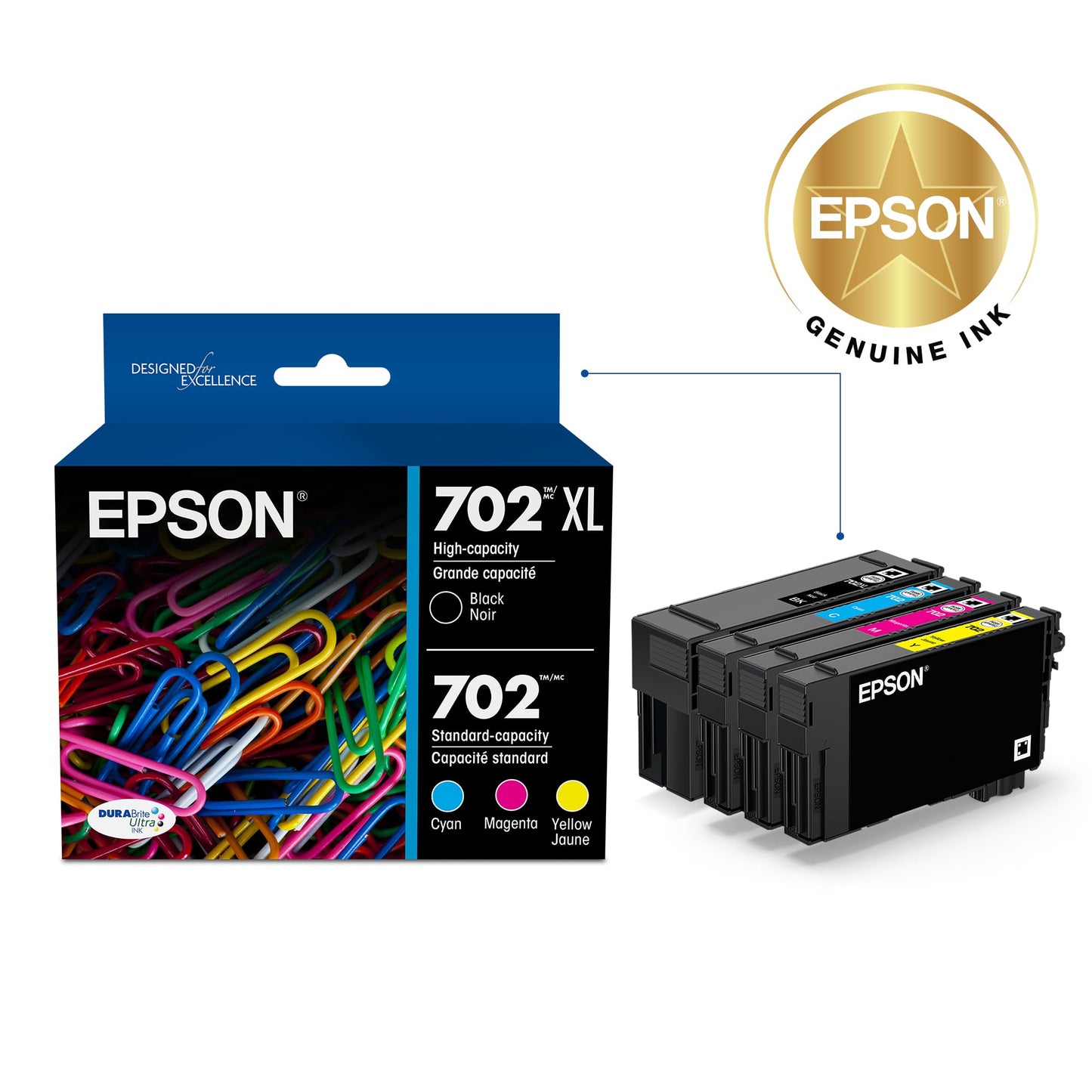 EPSON 702 DURABrite Ultra Ink High Capacity Black & Standard Color Cartridge Combo Pack (T702XL-BCS) Works with WorkForce Pro WF-3720, 3730, 3733