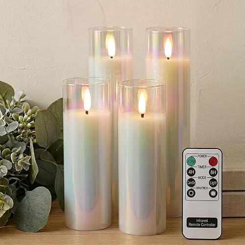 Rhytsing Glass Battery Operated LED Candles, White Slim Flameless Candles with Remote, Warm White Light, 8 Batteries Included - D 2‘’ - Set of 4