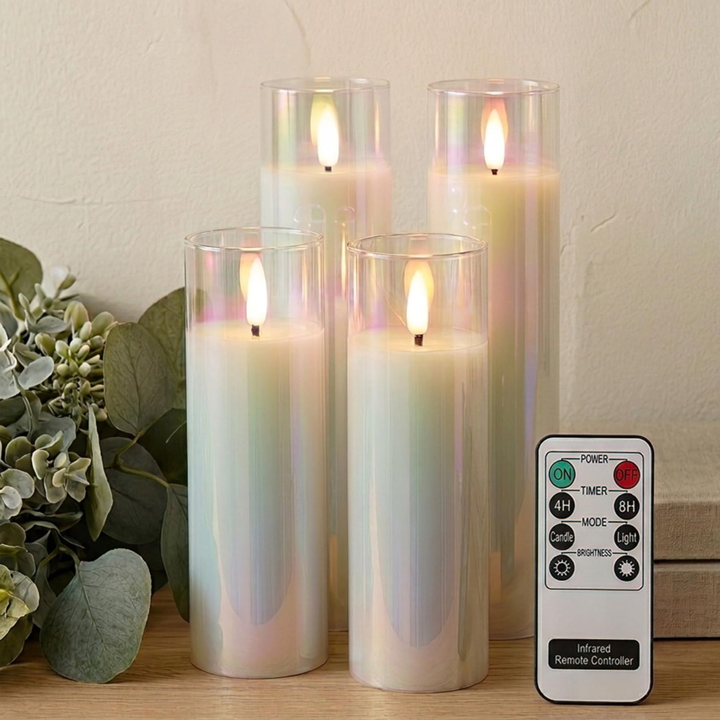 Rhytsing Glass Battery Operated LED Candles, White Slim Flameless Candles with Remote, Warm White Light, 8 Batteries Included - D 2‘’ - Set of 4
