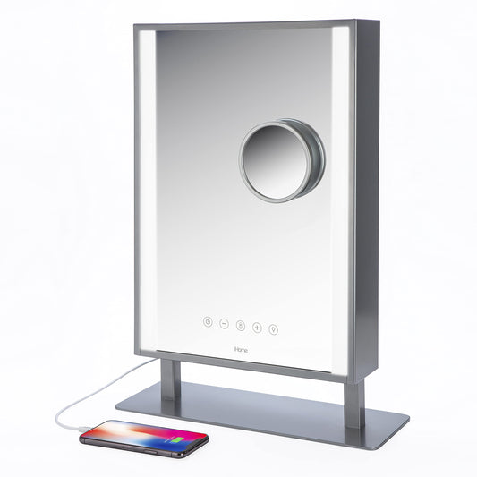 iHome Beauty Studio PRO Vanity Stereo Speaker with Bluetooth, Speakerphone, USB Charging and Removable 10x Detail Mirror