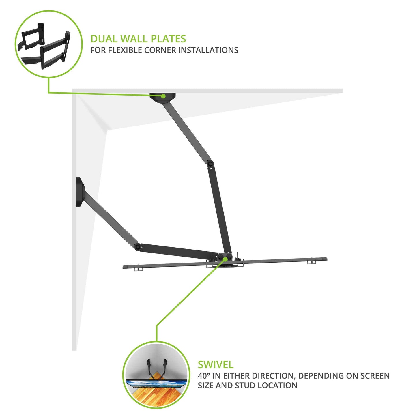Kanto PDC650 Full Motion Corner TV Mount for 37-inch to 70-inch TVs | Supports up to 125 lbs | Swivel 40° | Tilt +15°/-3° | Black
