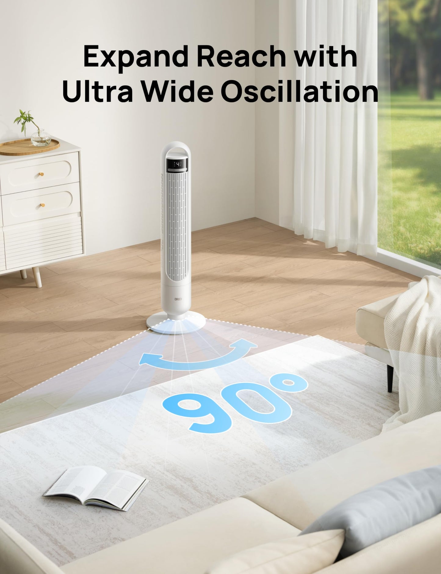 DREO Tower Fan for Bedroom, 26ft/s Velocity, 90° Oscillating, 8H Timer