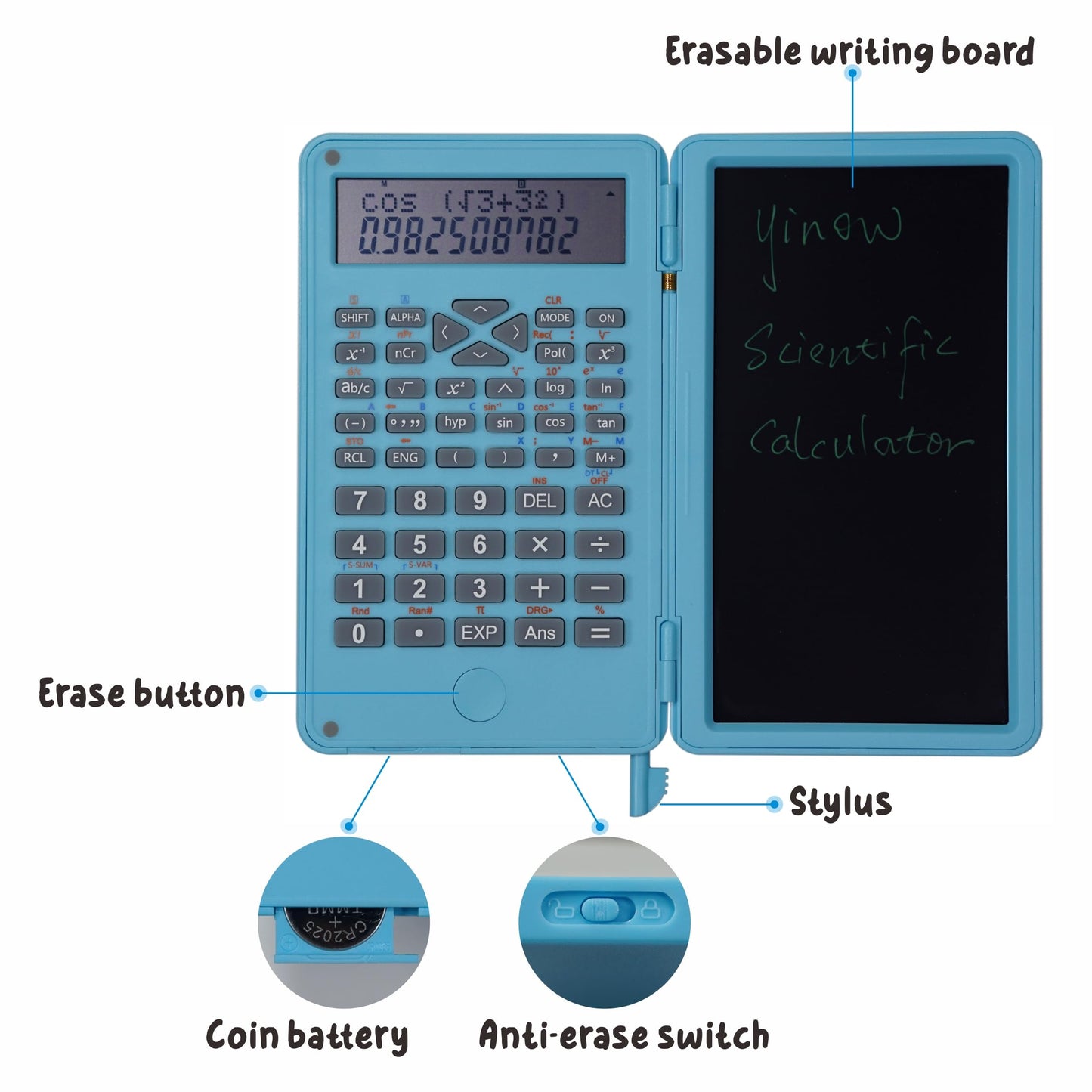 Scientific Calculator with Erasable LCD Writing Tablet, 2-Line Digits Display Handheld Pocket Size Portable Calculadoras for School Office Home Work