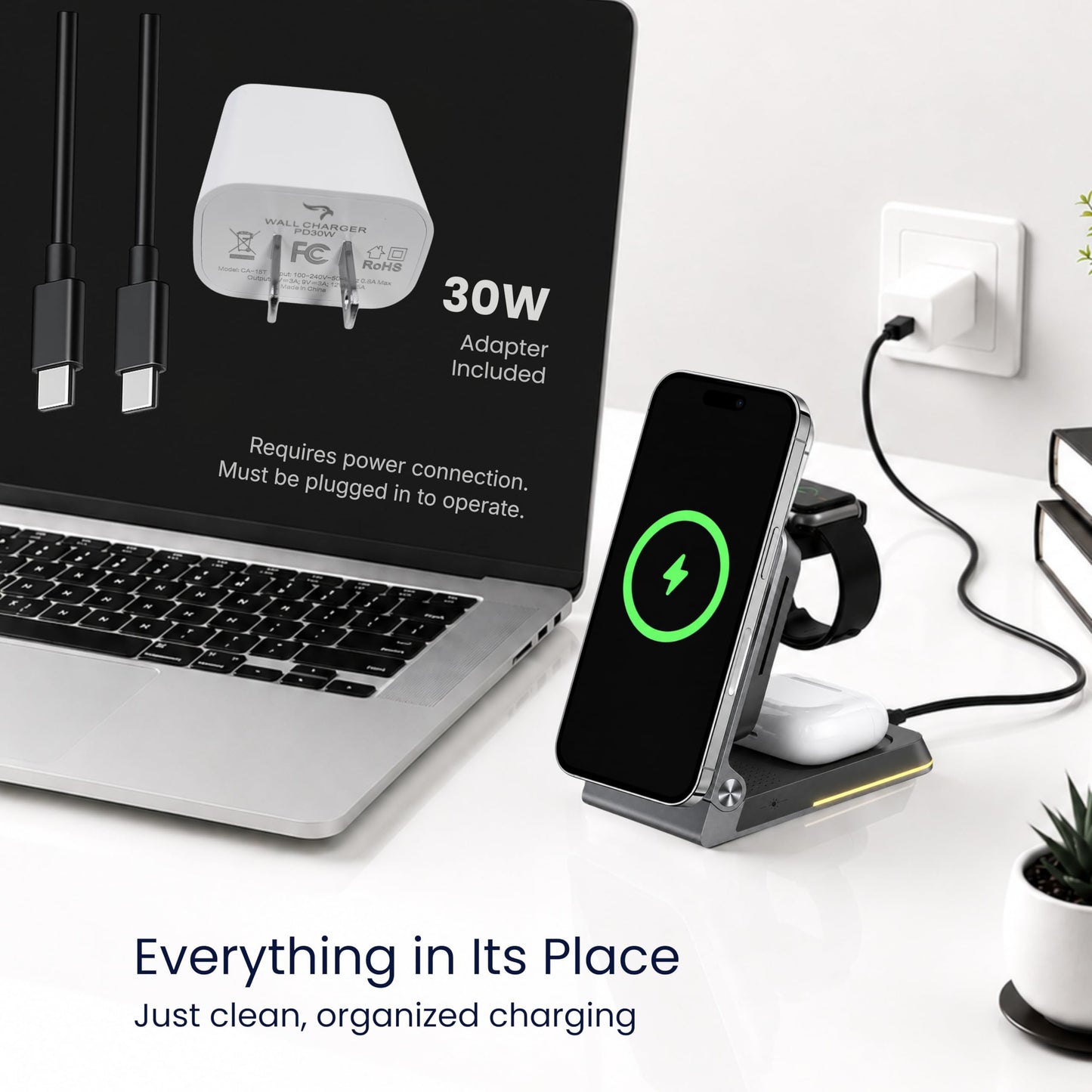 THONIV- Qi2 3-in-1 Magnetic Wireless Charging Station, Foldable 15W Fast Charger for iPhone 12-17 Series, Apple Watch and Wireless Earbuds, Portable
