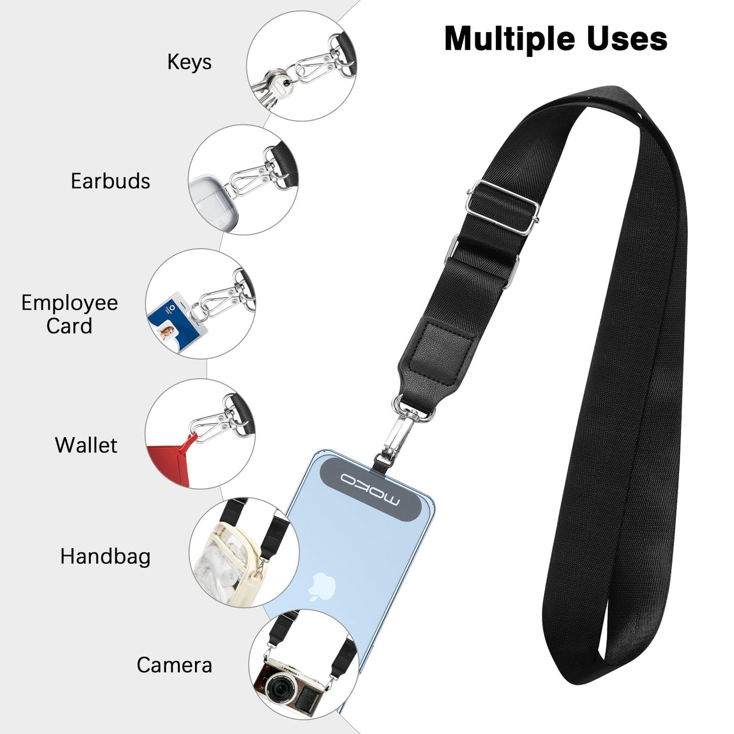MoKo Universal Phone Lanyard, Phone Crossbody Strap with Detachable Pouch, Adjustable Cellphone Lanyard Crossbody Around the Neck with Patches
