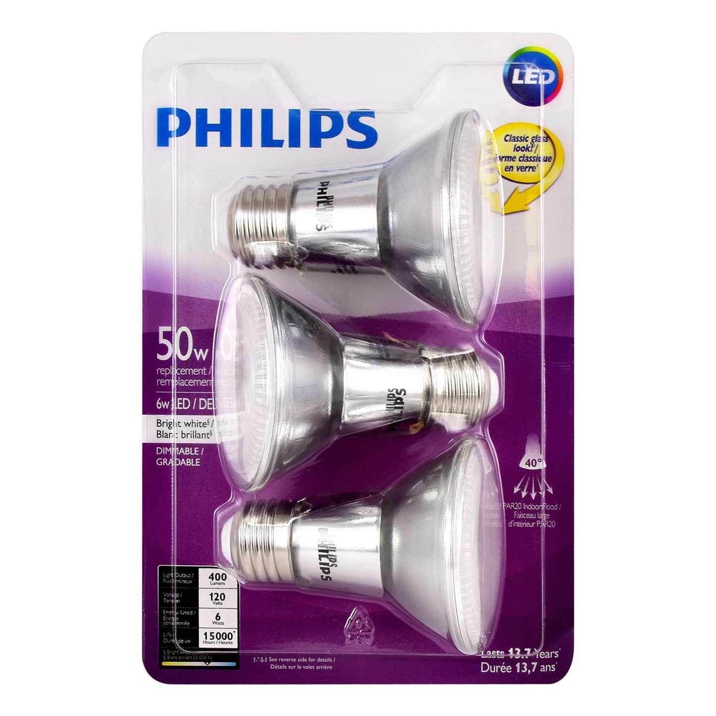 Philips LED PAR20 Bright White Light Bulb: 400-Lumen, 3000-Kelvin, 6-Watt (50-Watt Equivalent), Glass, Dimmable 40-Degree Spot Light Bulb, E26 Base