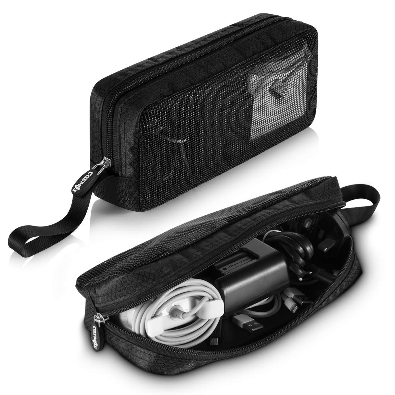 CM Travel Cable Organizer Case Portable Computer Accessories Zipper Mesh Pouch for Holding Laptop Mouse, Power Bank, USB, Adapter, Charger, Cellphone