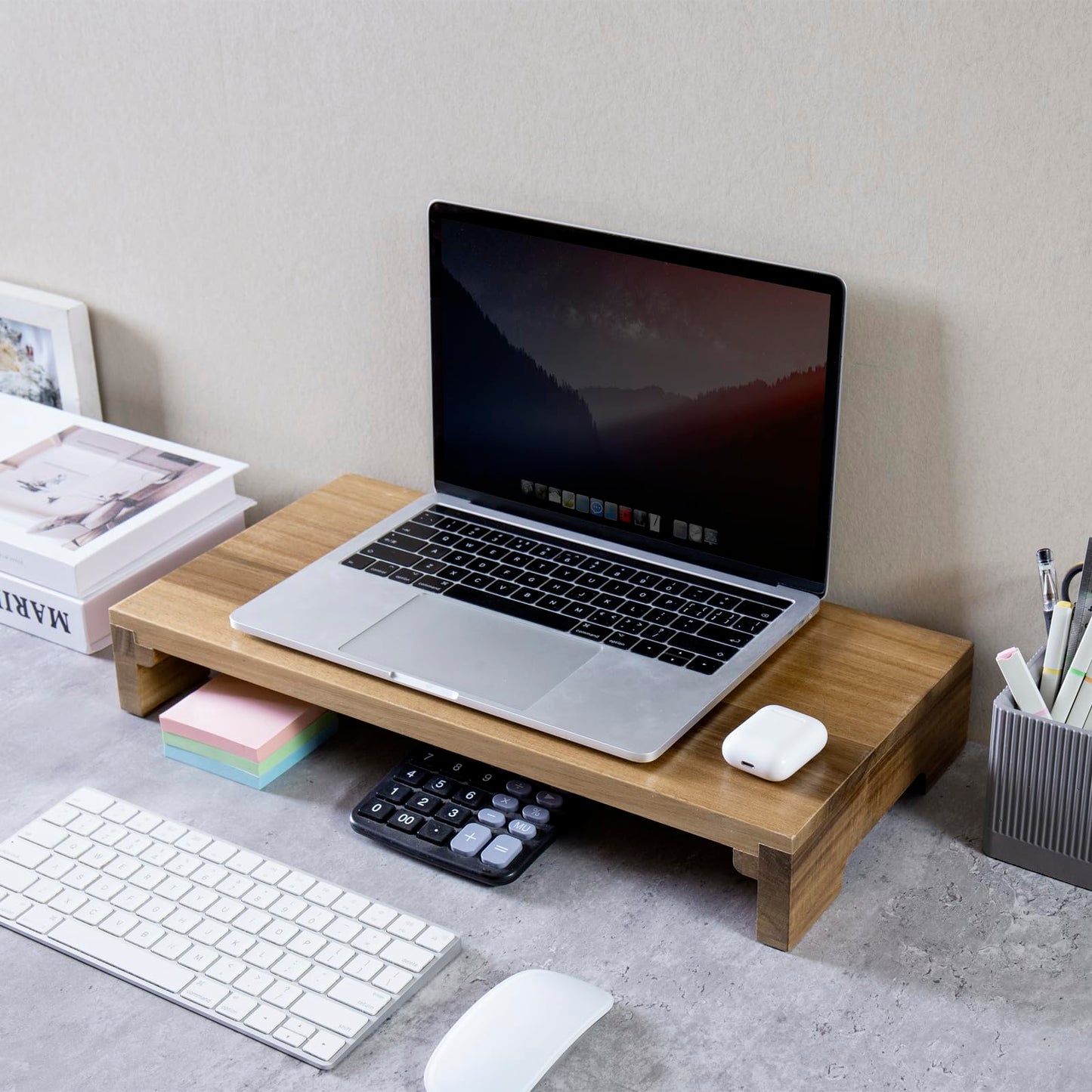 MyGift Premium Acacia Solid Wood Desk Monitor Stand, Laptop Riser & Keyboard Storage - Wooden Desktop Organizer for Screen Display and Workspace