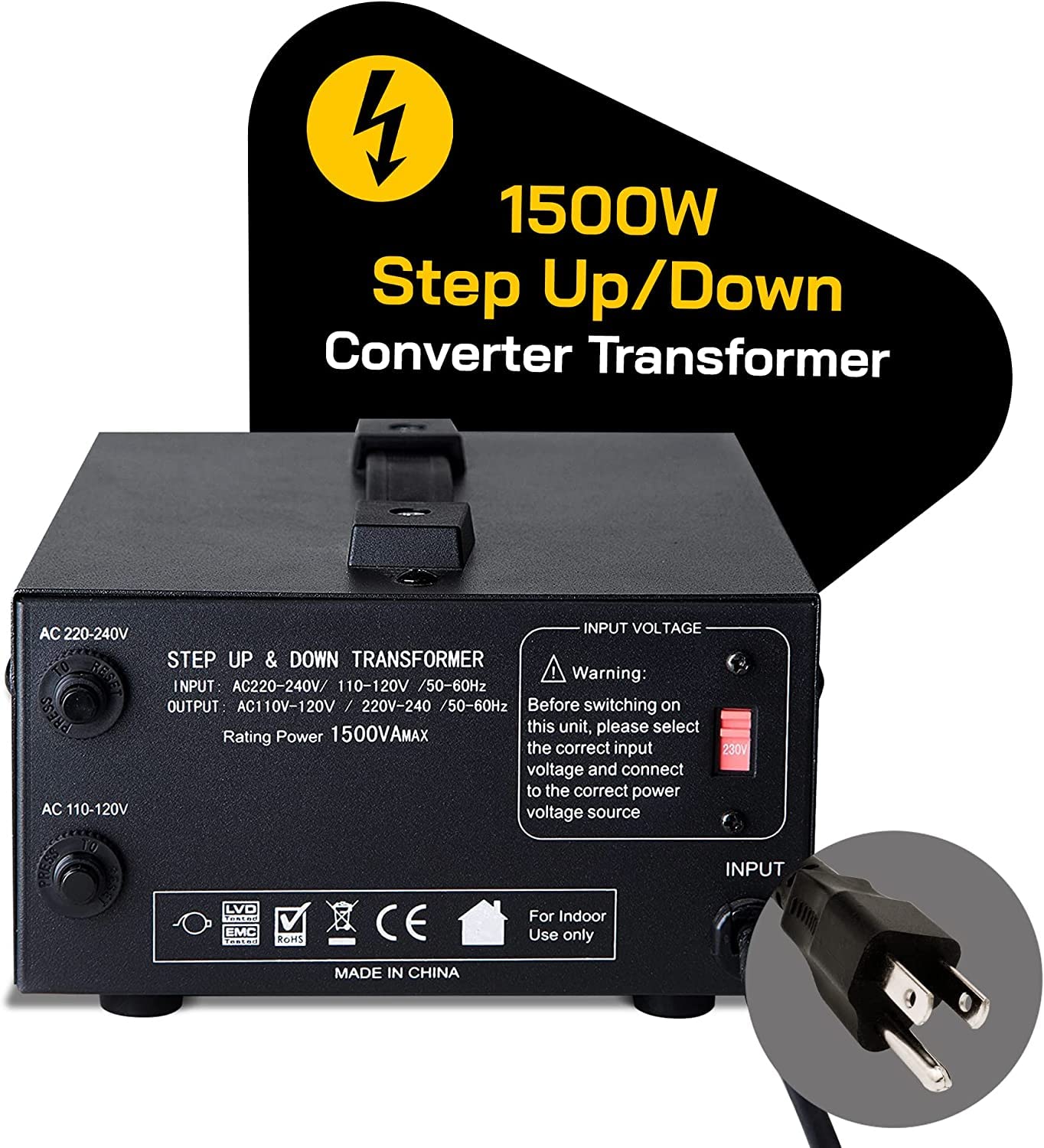 ELC T Series 1500 Watt Voltage Converter Transformer - Step Up/Down - 110v to 220v / 220v to 110v Power Converter - Circuit Breaker Protection, CE…