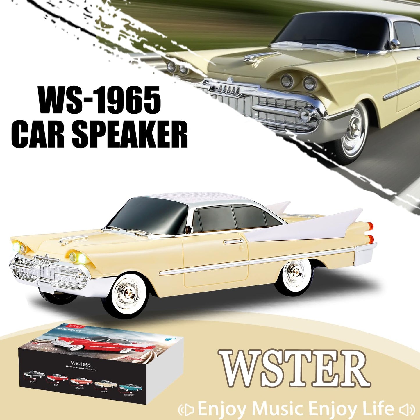 WSTER WS-1965 Bluetooth Replica Speaker - Retro Rocket Car Design, HD Sound, TWS, LED Party Lights, FM Radio, USB/TF Playback, Built-in Microphone