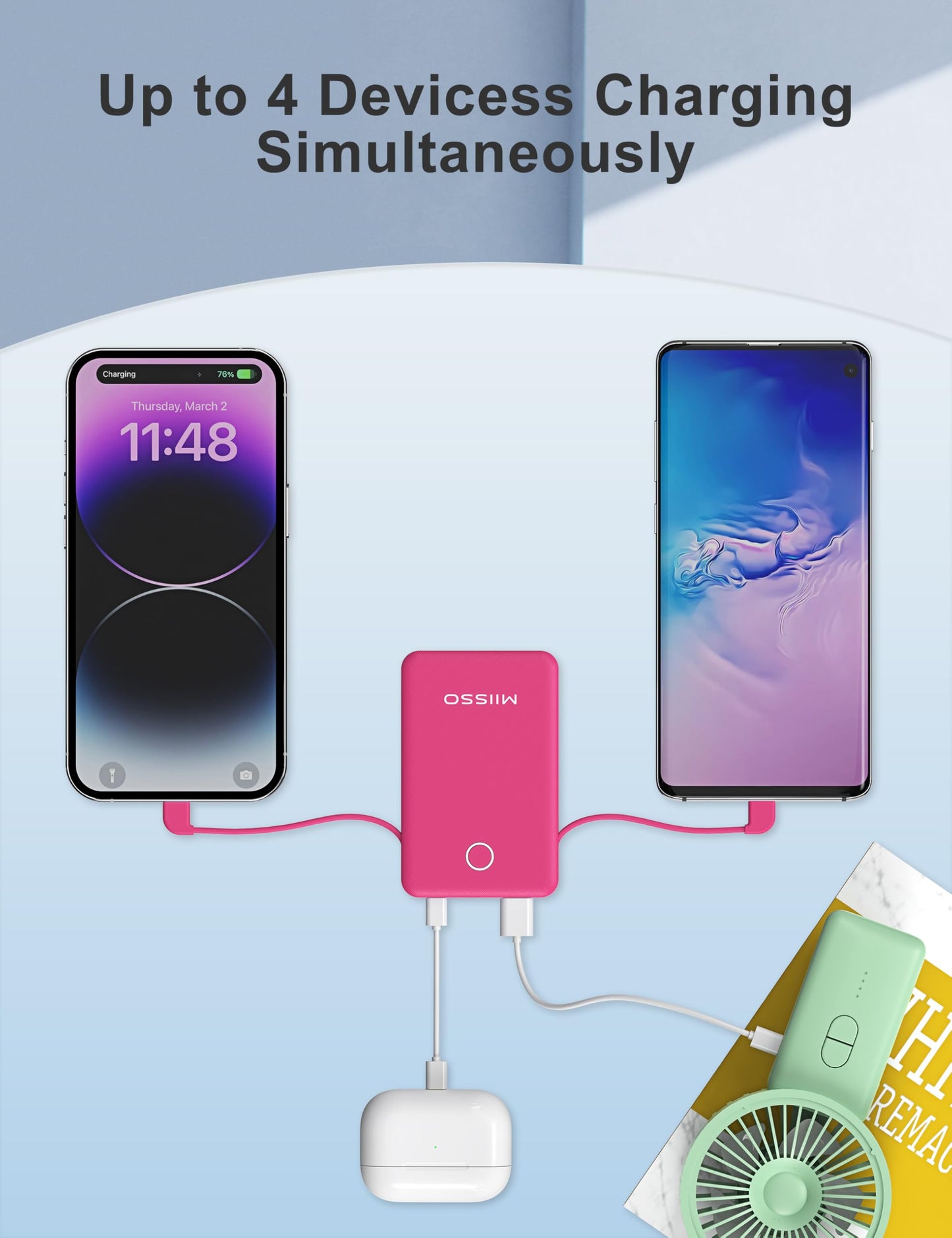 miisso 6000mah Ultra Slim Built in Cables Power Bank, Card Size Built in USB C Cords Battery Pack Portable Charger for Phones, 3 Output External