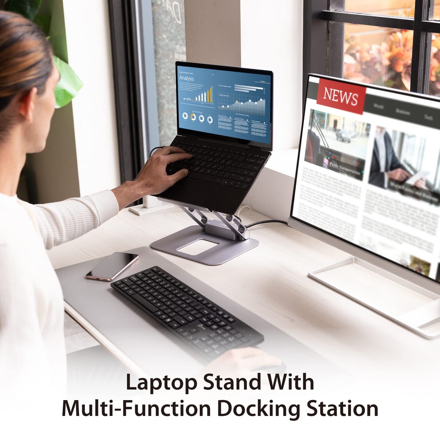 j5create Laptop Stand with USB C 4K HDMI Display Hub - 2 USB A 5Gbps, PD 100W with USB-C 5Gbps | Aluminum Computer Riser for MacBook and Windows