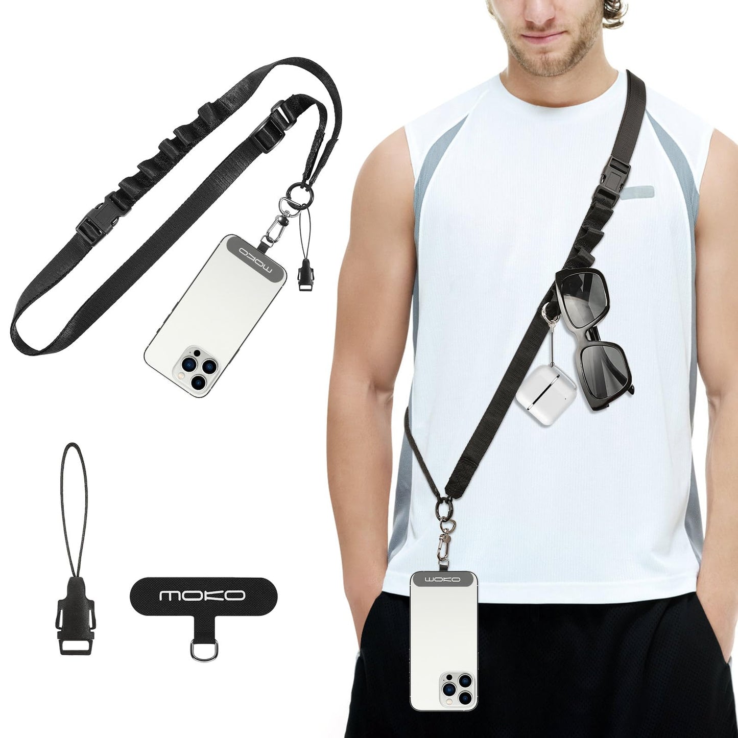 MoKo Universal Phone Lanyard, Nylon Adjustable Cell Phone Crossbody Strap Detachable Women & Men Cellphone Lanyards Around the Neck with Patches
