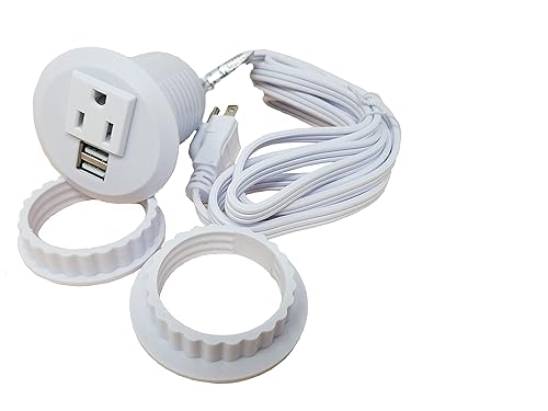 Desktop Power Grommet Outlet Data Center, 2" or 3" Hole No Drilling Required, 1 Outlet W/ 2 USB Ports (WHITE- 2" (No Drilling Required- 6ft Power