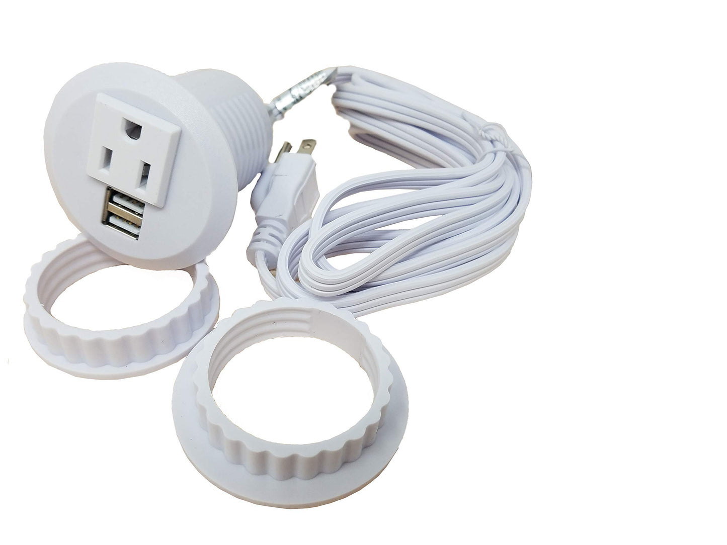 Desktop Power Grommet Outlet Data Center, 2" or 3" Hole No Drilling Required, 1 Outlet W/ 2 USB Ports (WHITE- 2" (No Drilling Required- 6ft Power