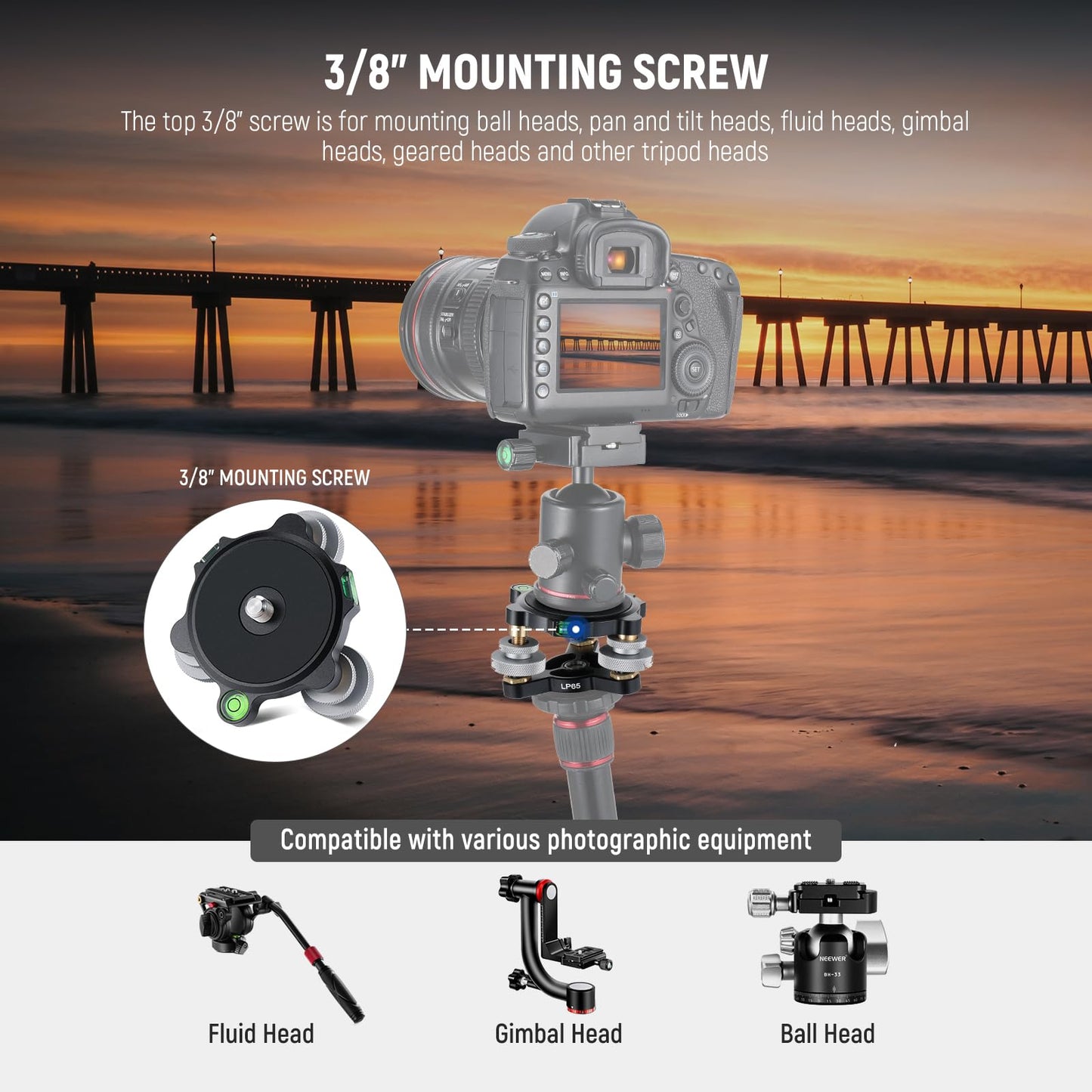 NEEWER Tripod Head Leveling Base Camera Leveler, 3 Axis Wheel Metal Head with Bubble Levels, 3/8" Screw & Thread, +/-9° Precise Angle Adjustment