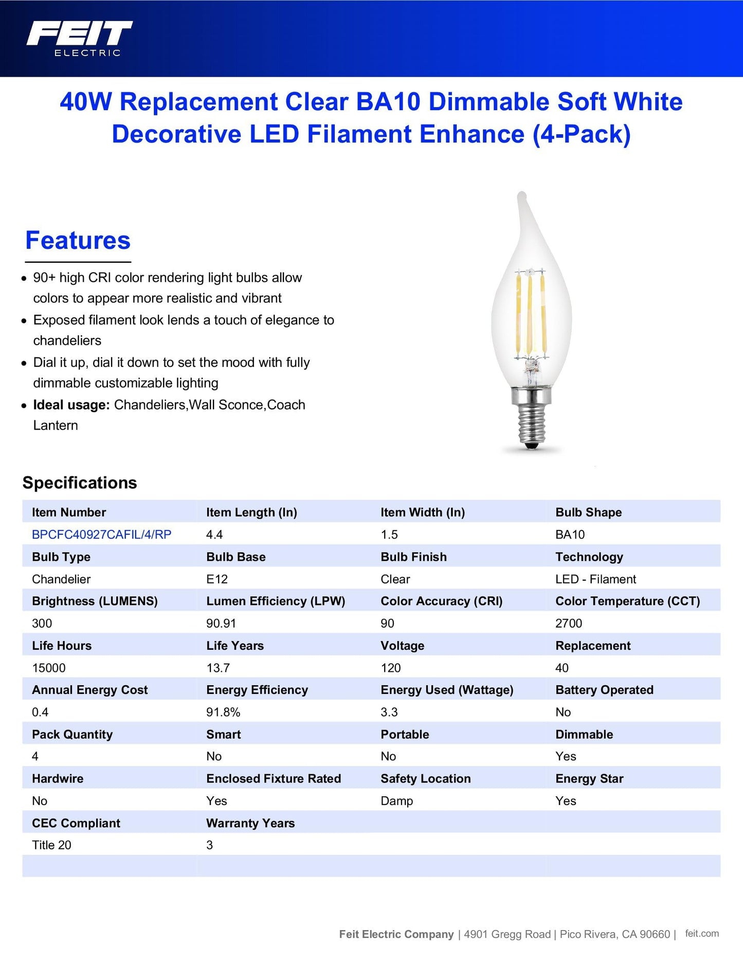 Feit Electric Candelabra LED Light Bulbs, Dimmable, 40W Equivalent, E12 Base, 2700K Soft White, Vintage B10 Filament Candle Light Bulb for Chandelier