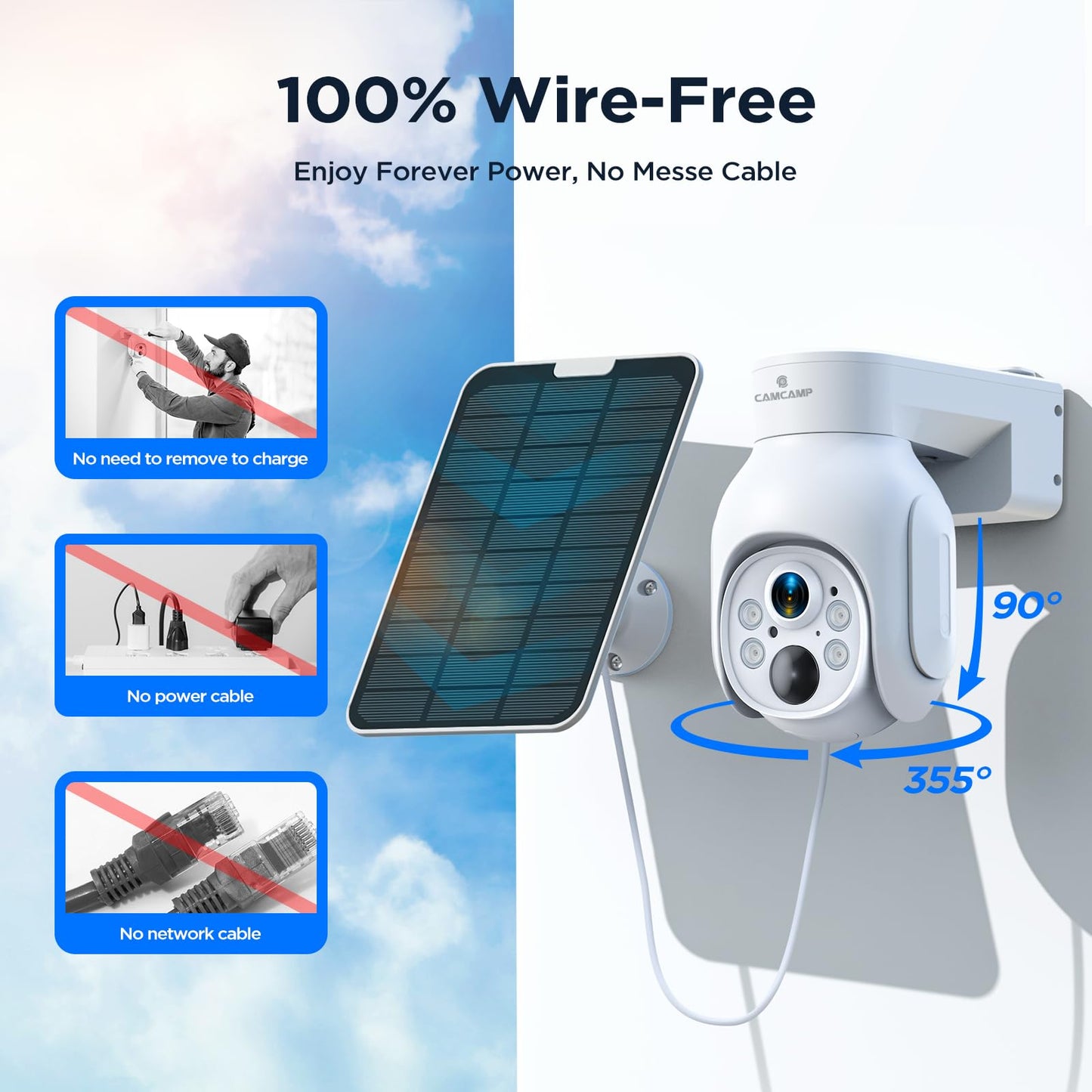 Camcamp 4MP Battery Powered WiFi Camera with Solar Panel, Spotlight, PTZ, 2-Way Audio, Smart Human Detection, Cannot Work Alone, Only Compatible SC23