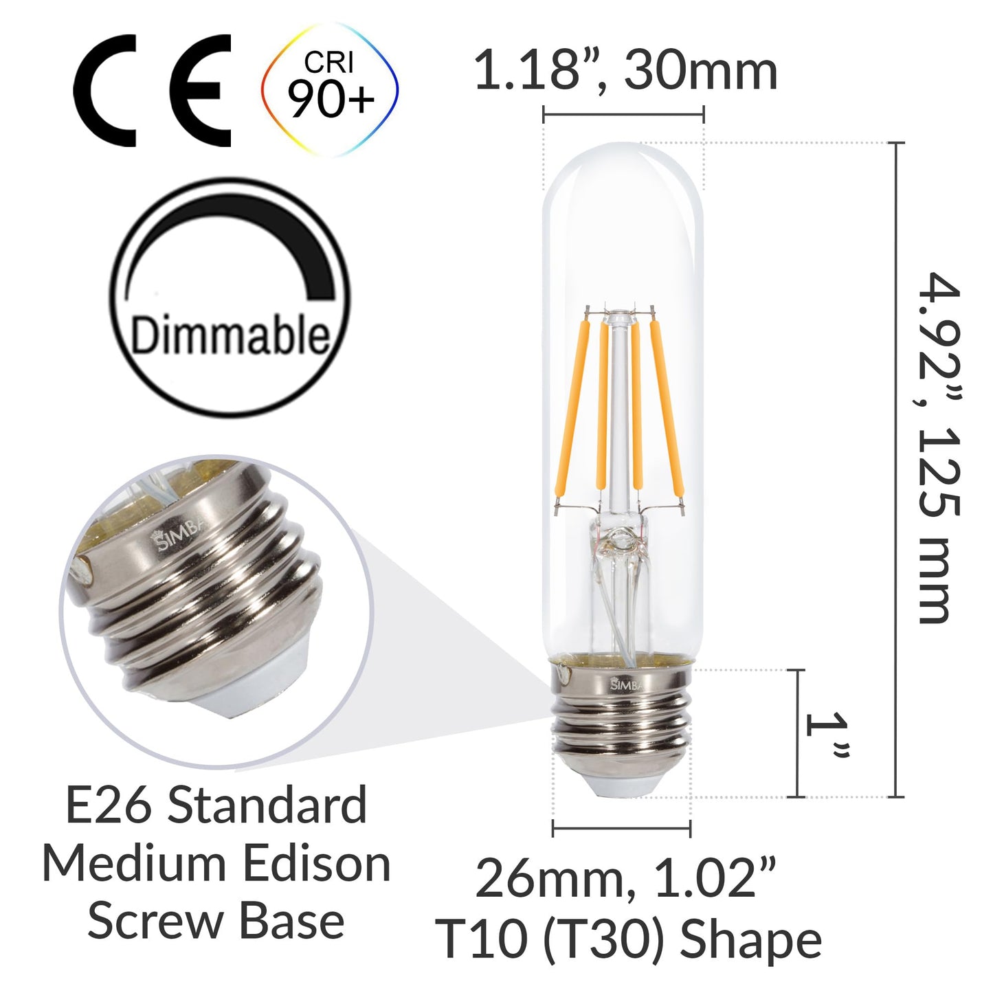 Simba Lighting LED T10 Edison Filament 4W 120V Light Bulb E26 2700K, 3 Pack