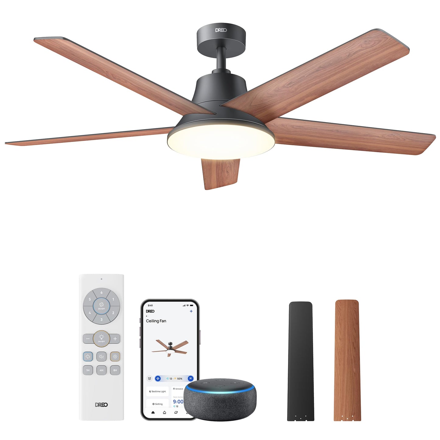 DREO Smart Ceiling Fan with Lights, 52 Inch, 12 Speeds & 3 Fan Modes, Stepless, Dimmable LED Light, Timer, 22dB Quiet DC Motor, Remote/APP/Alexa
