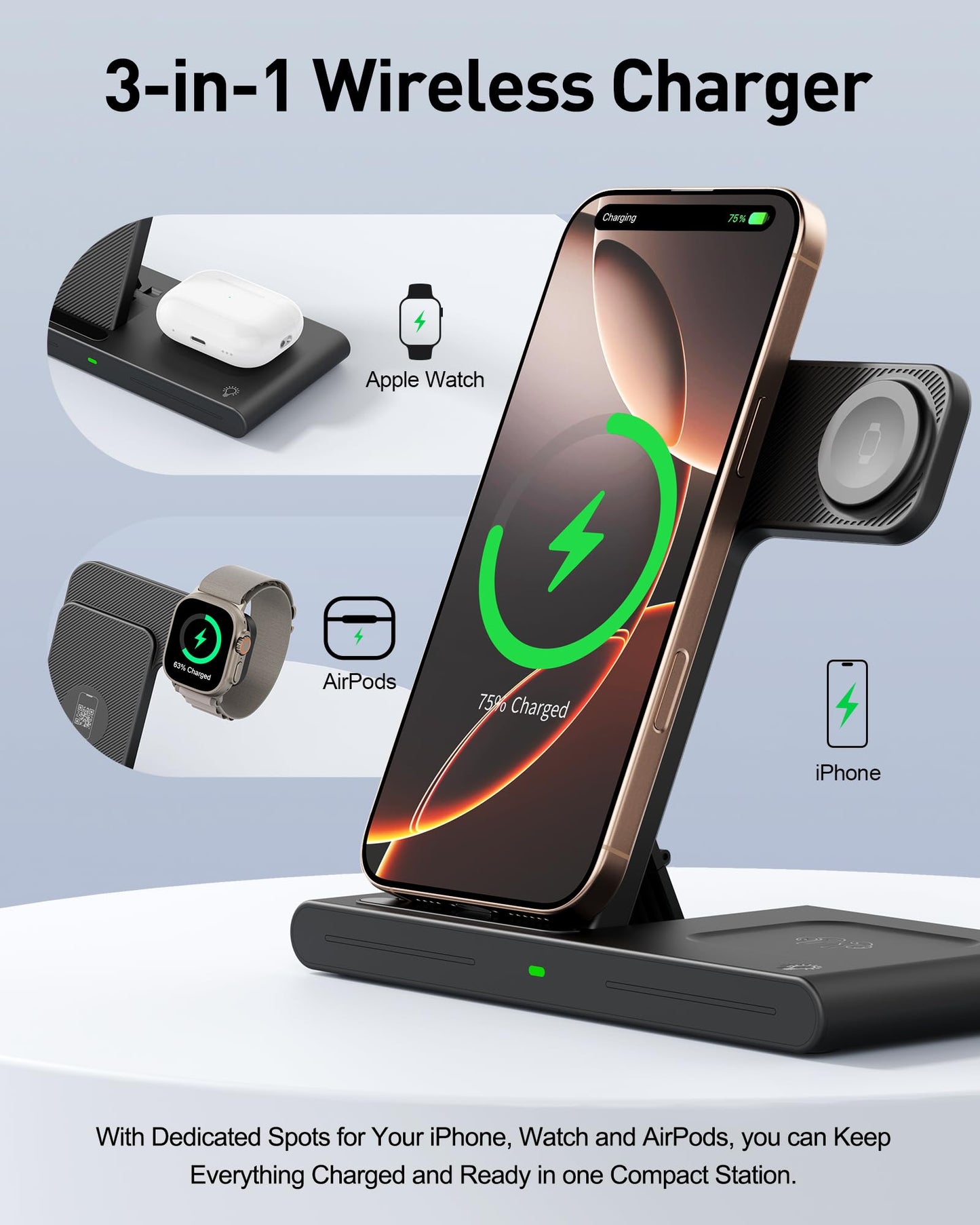 RYND 2026 Travel Portable Wireless Fast Charger for Apple & Android Charging Station,3 in 1 Charging for iPhone17 16 15 14 13 12,Apple Watch Series