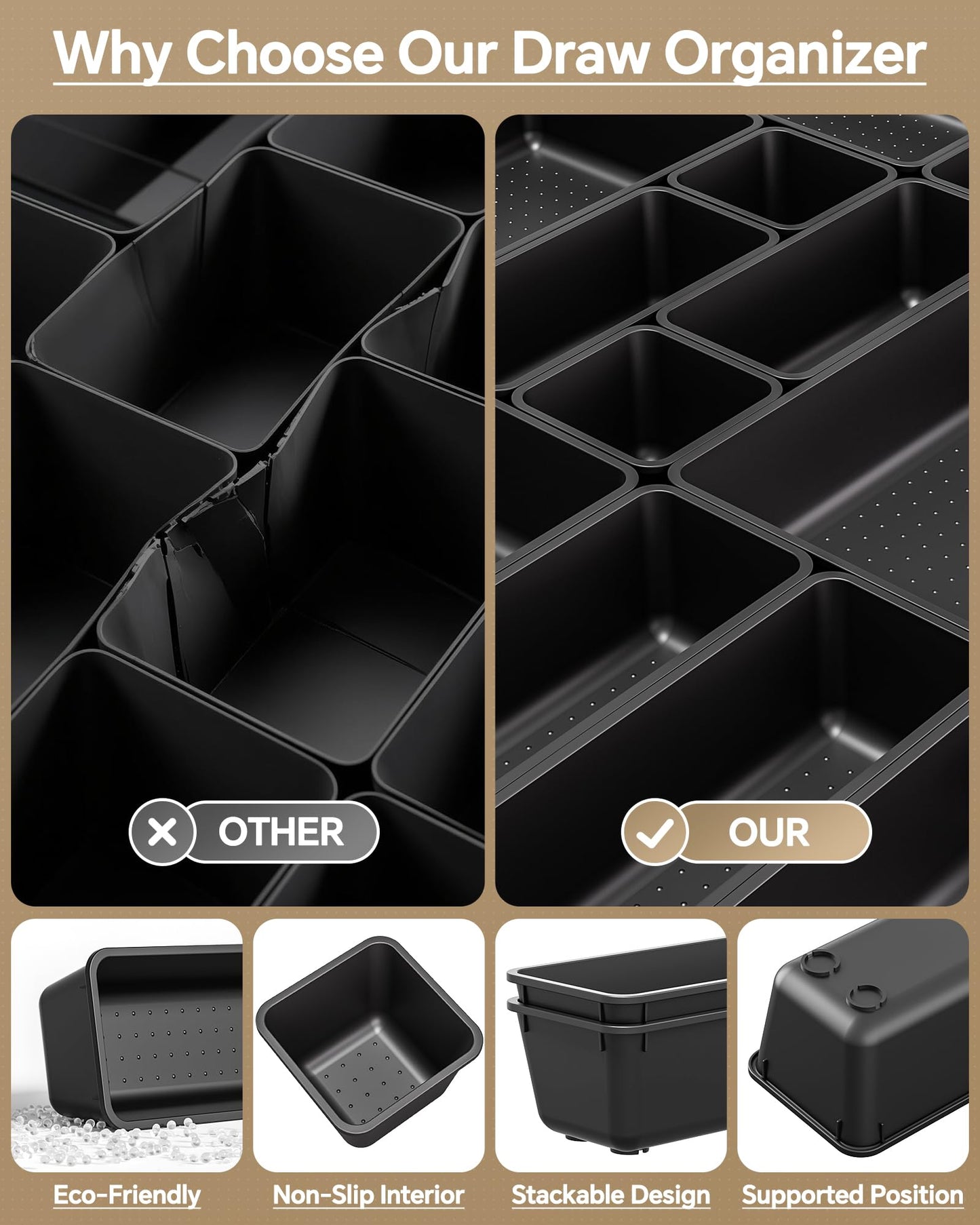 KEMETHY 25 PCS Plastic Drawer Organizers Set, 4 Sizes Vanity Organizer, Makeup and Desk Drawer Organizer Trays, Organization and Storage for Makeup