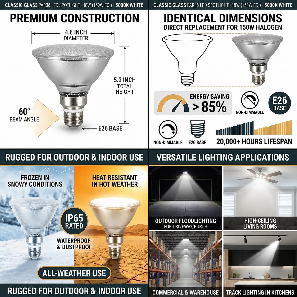Classic Glass PAR38 LED Flood Light Bulbs Outdoor/Indoor, LED 18W (150W Halogen Equivalent), 5000K Daylight,IP65 Waterproof E26 PAR38 Spotlight
