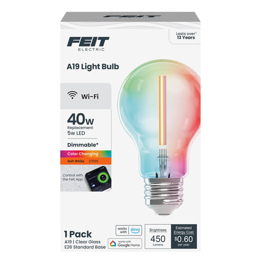 Feit Electric A19 LED Smart LED Light Bulb, 40W Eq, RGB Color Changing