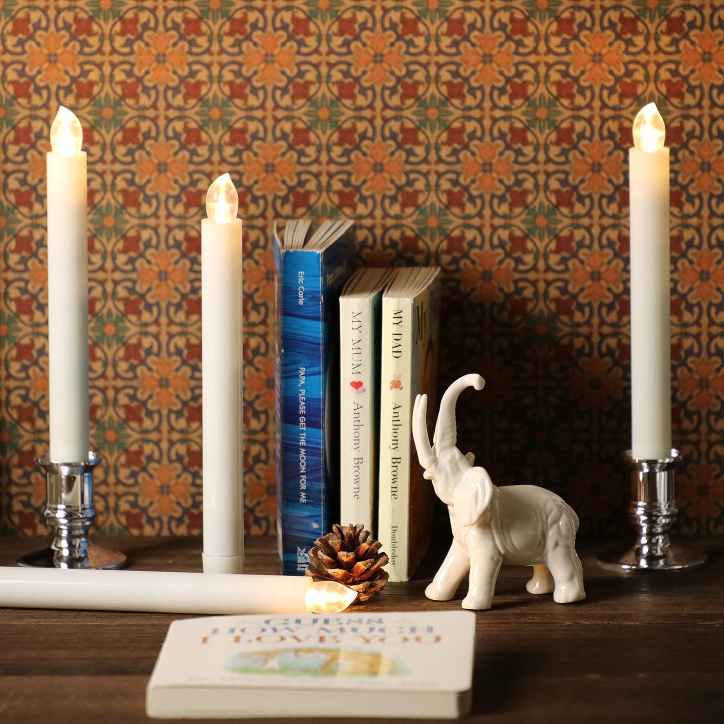 OWLBAY Set of 12 Flickering Flameless Window Candles with Remote and Timer, 8.7" H Battery Operated LED Taper Candles with Removable Silver Holders