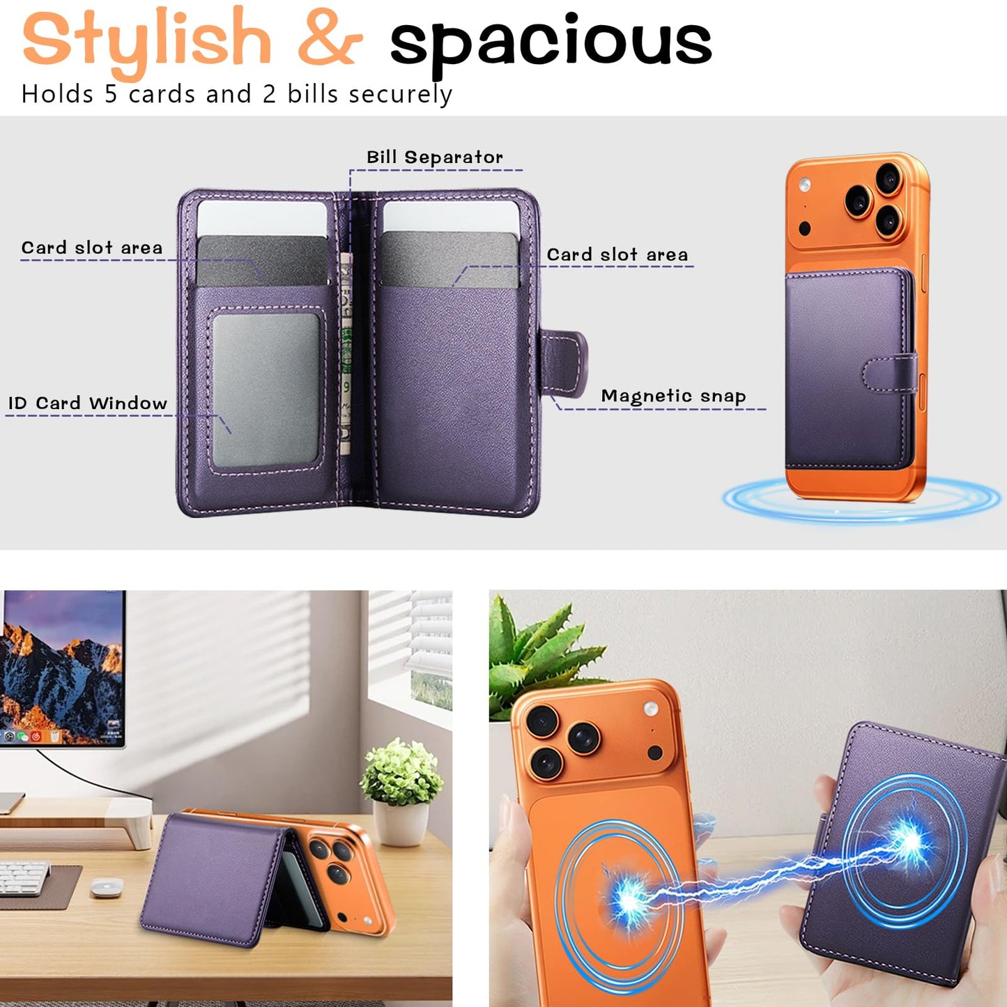 XQFERT Magnetic Wallet Cell Phone Card Holder, Stronger Magnetic Leather Phone Wallet Phone Credit, Card Holder Fit 6 Cards for iPhone
