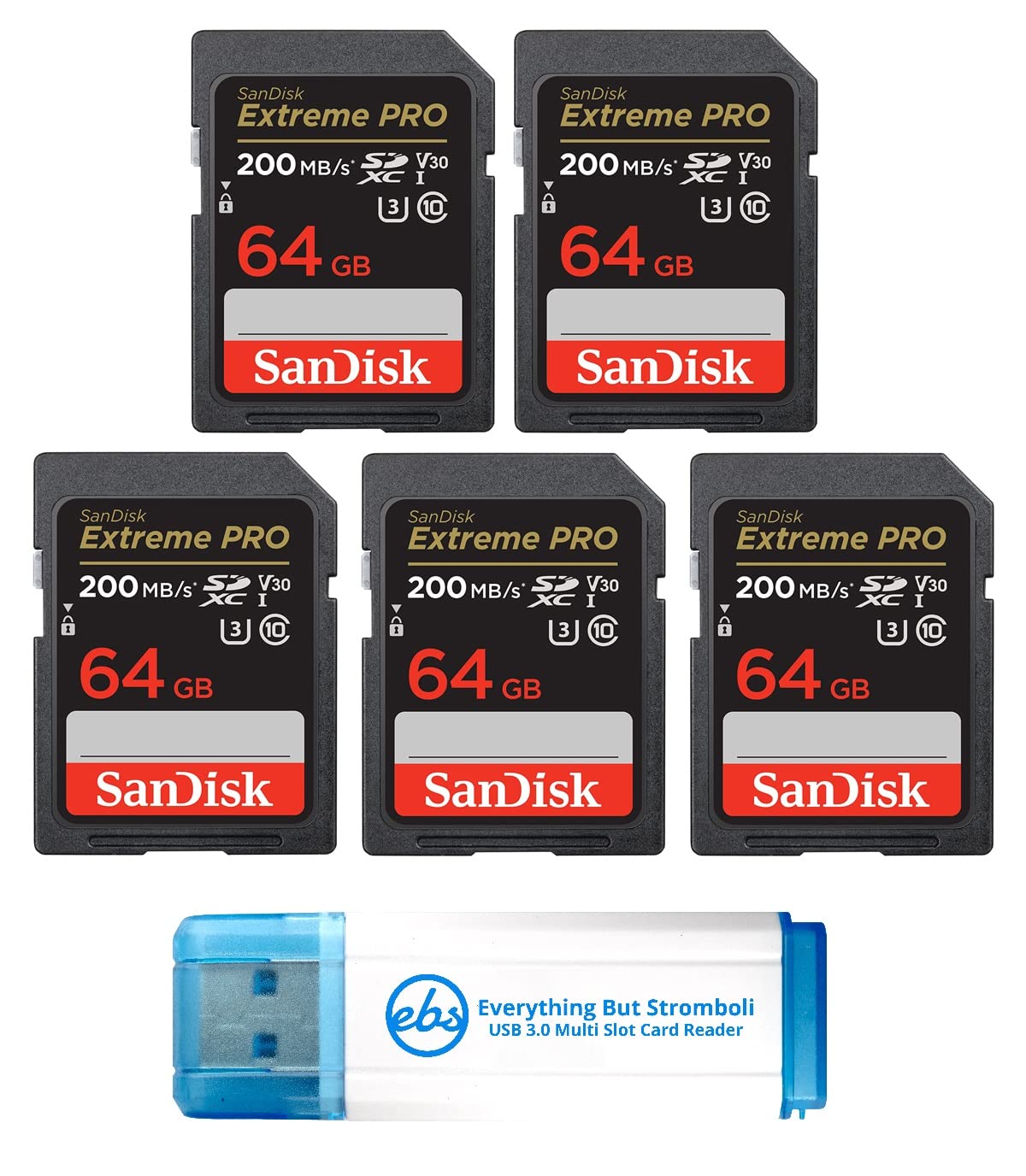 SanDisk 64GB (Five Pack) Extreme Pro Memory Card (SDSDXXU-064G-GN4IN) SDXC 4K V30 UHS-I with Everything But Stromboli 3.0 Combo Reader