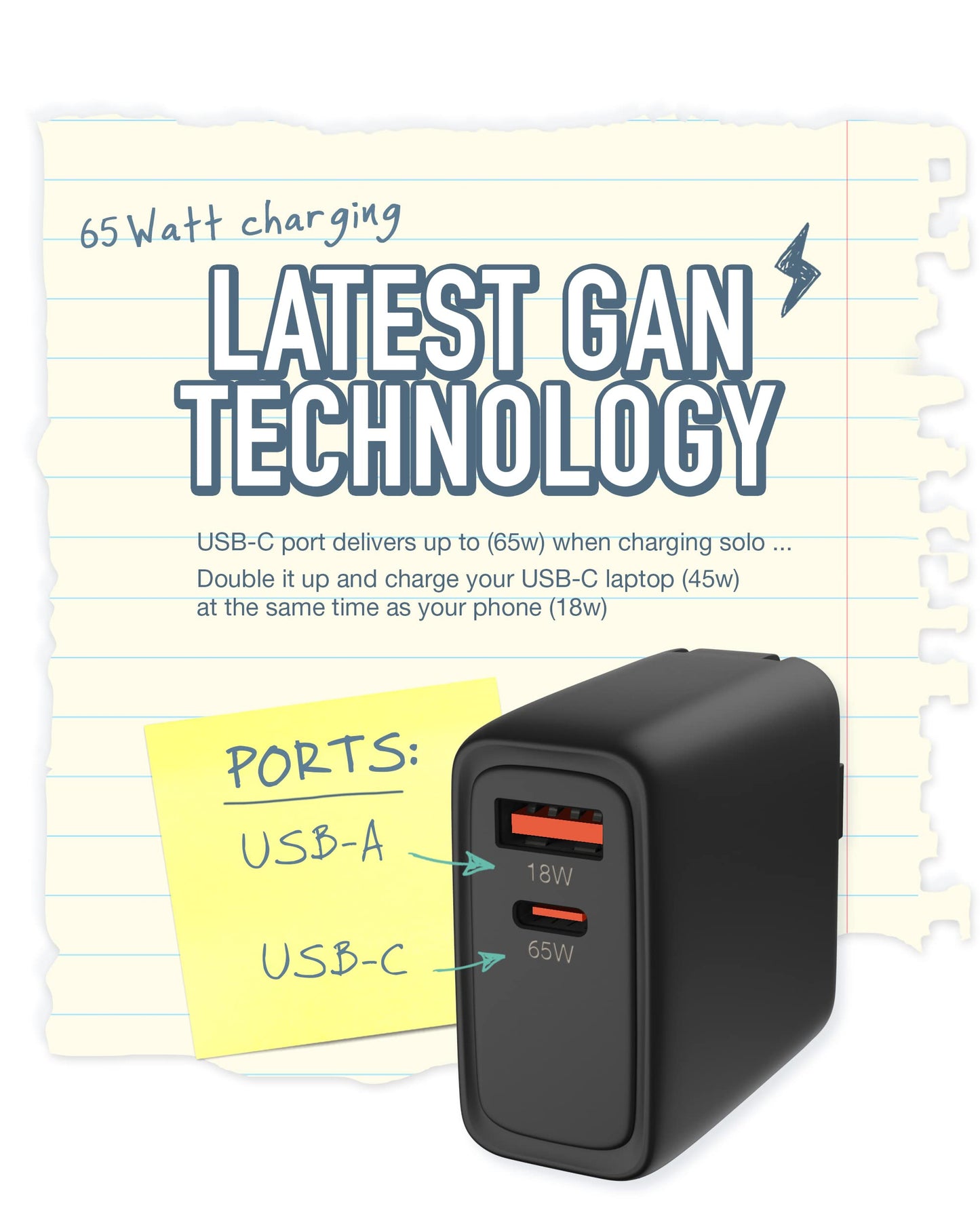Smartish USB-C/USB Wall Charger for iPhone 17,16,15 & MacBook - Charge Shack-2 Port 65W Quick Charger - Type C Power Brick Wall Plug - Compatible