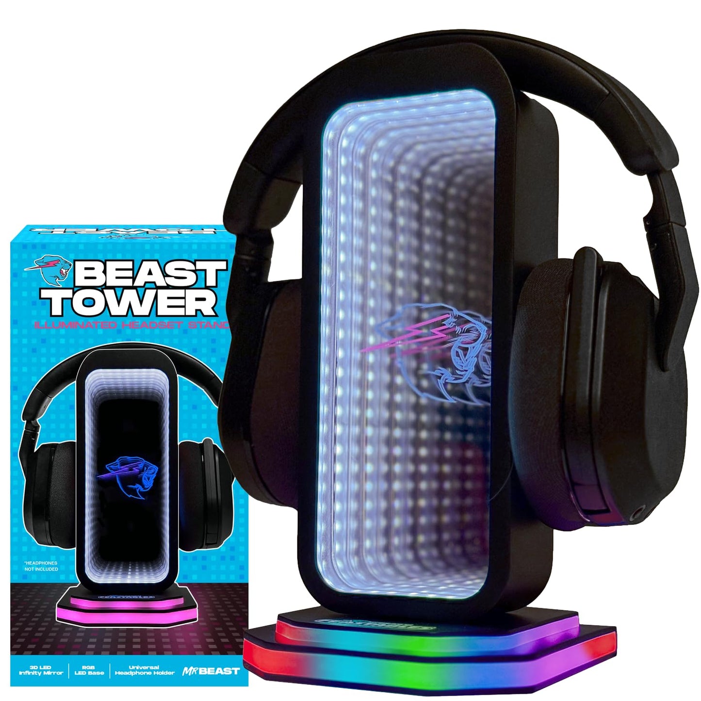 Feastables Beast Tower MrBeast Gaming Headphone Stand | RGB Light Display with Infinity Mirror Effect and Logo | Universal Headset Holder; USB…