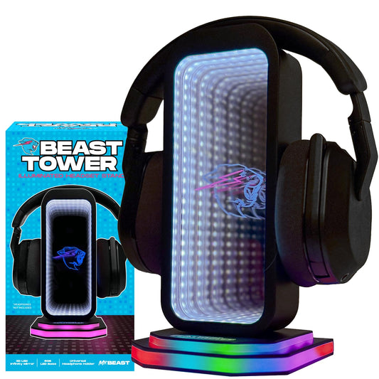 Feastables Beast Tower MrBeast Gaming Headphone Stand | RGB Light Display with Infinity Mirror Effect and Logo | Universal Headset Holder; USB…