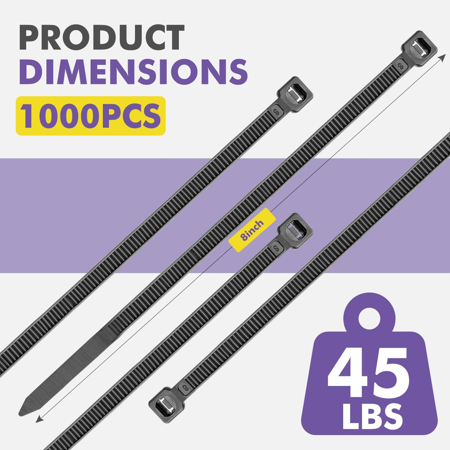 Black 8 Inch Zip Ties (100 Pack), 45LBS Tensile Strength, UV Resistant Nylon Cable Ties for Indoor & Outdoor Cable Management. Self-Locking Wire