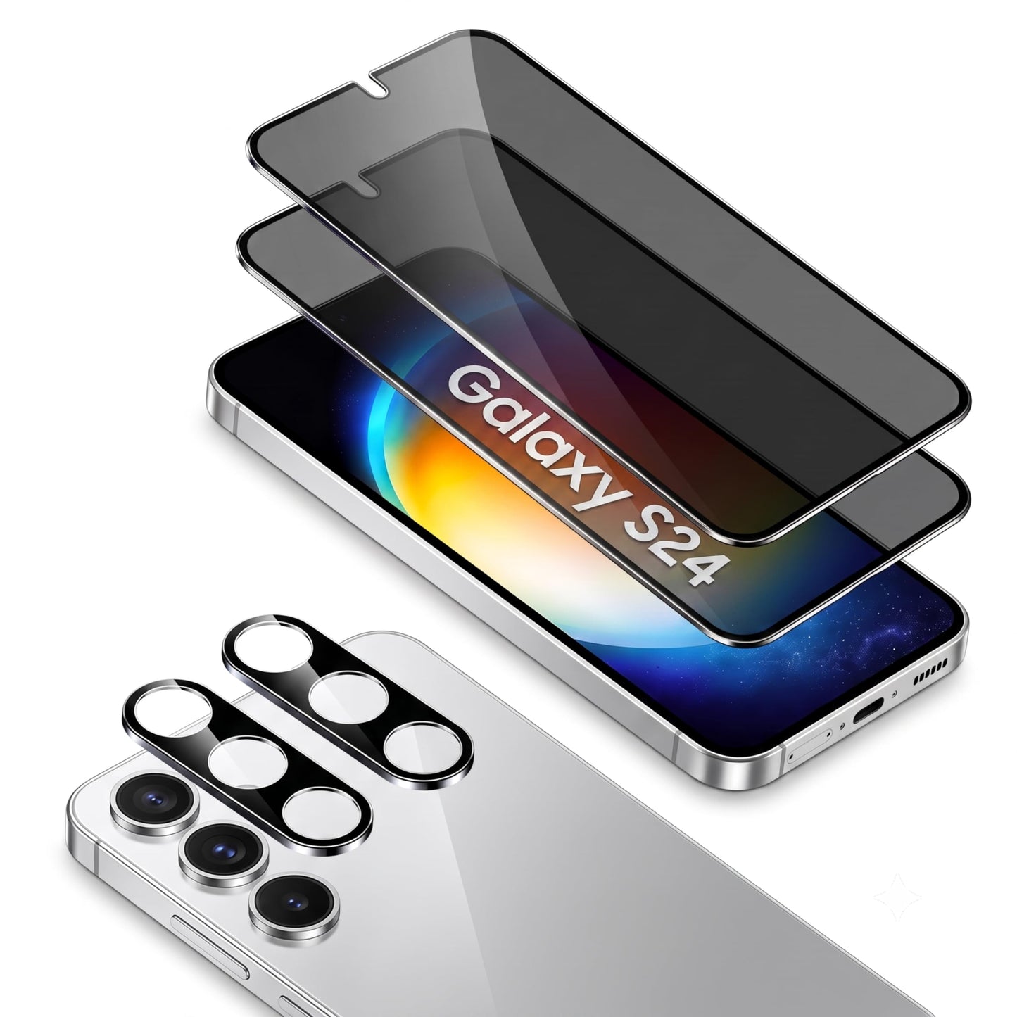 SURF CUZ 2 Pack Privacy Screen Protector for Samsung Galaxy S24 with 2 Pack Camera Lens Protector, Tempered Glass Fingerprint Unlock Compatible, 180
