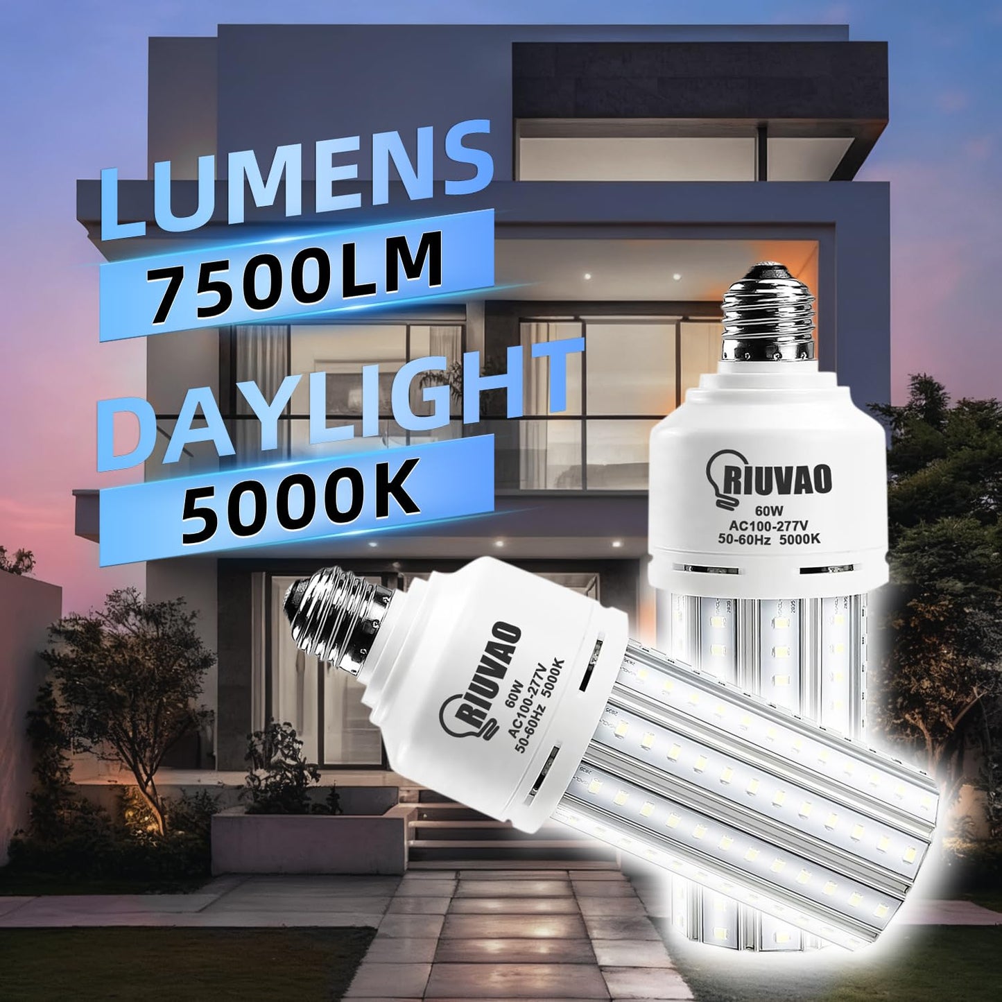RIUVAO 2 Pack 60W LED Corn Light Bulb 500W Equivalent Bulb 7500 Lumen 5000K Cool Daylight White E26/E27 Medium Base for Outdoor Indoor Large Area
