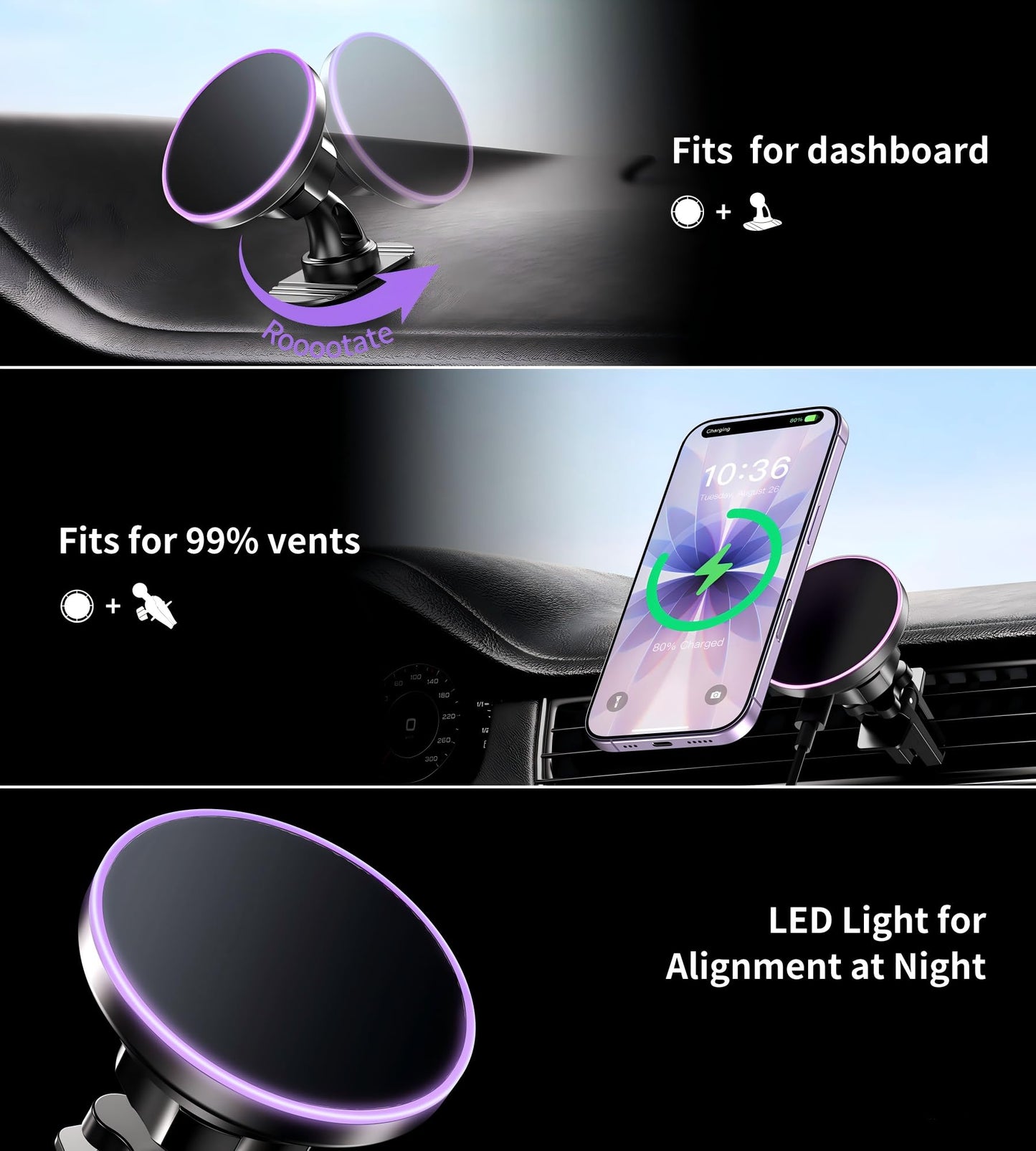 BHHB for Magsafe Car Mount Charger, [2026 Upgrade] 15W 2in1 Magnetic Wireless Car Charger, for Magsafe Car Charger, Vent/Dashboard Phone Holder, ONLY